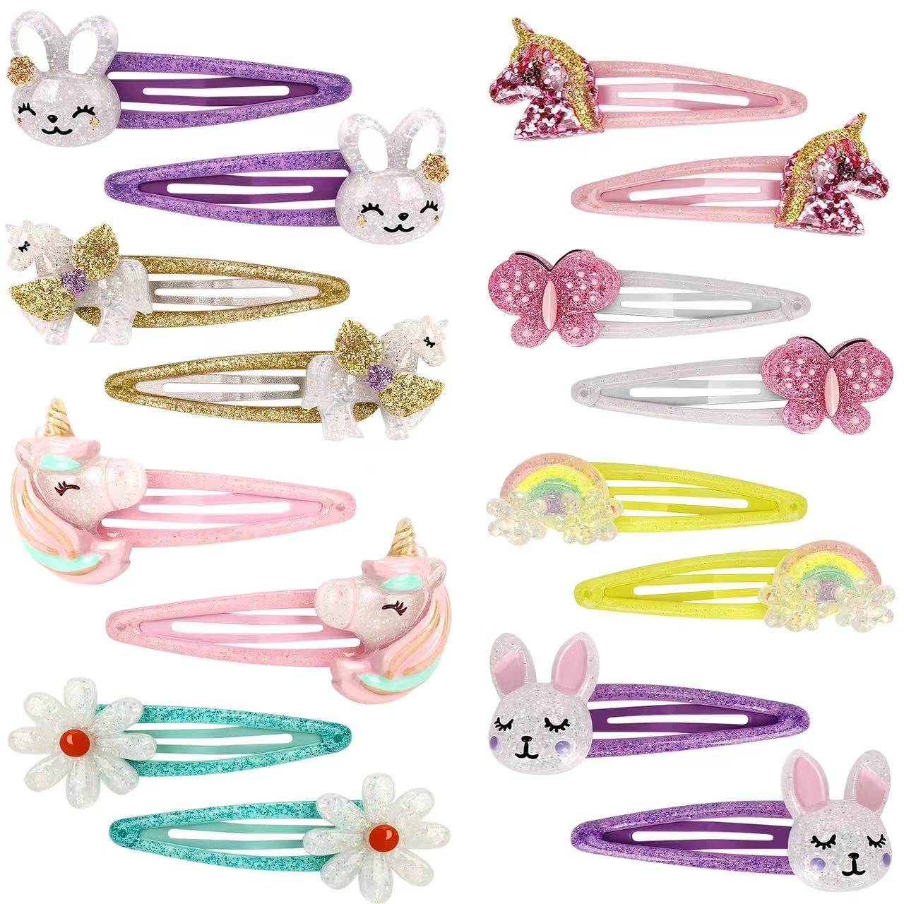 16Pcs Girls Hair Clips Set - Unicorn, Butterfly, Flower & Rabbit Hair Accessories for Toddlers & Kids | Sparkly Rainbow Hair Clips for Birthday Party, Gifts & Daily Wear