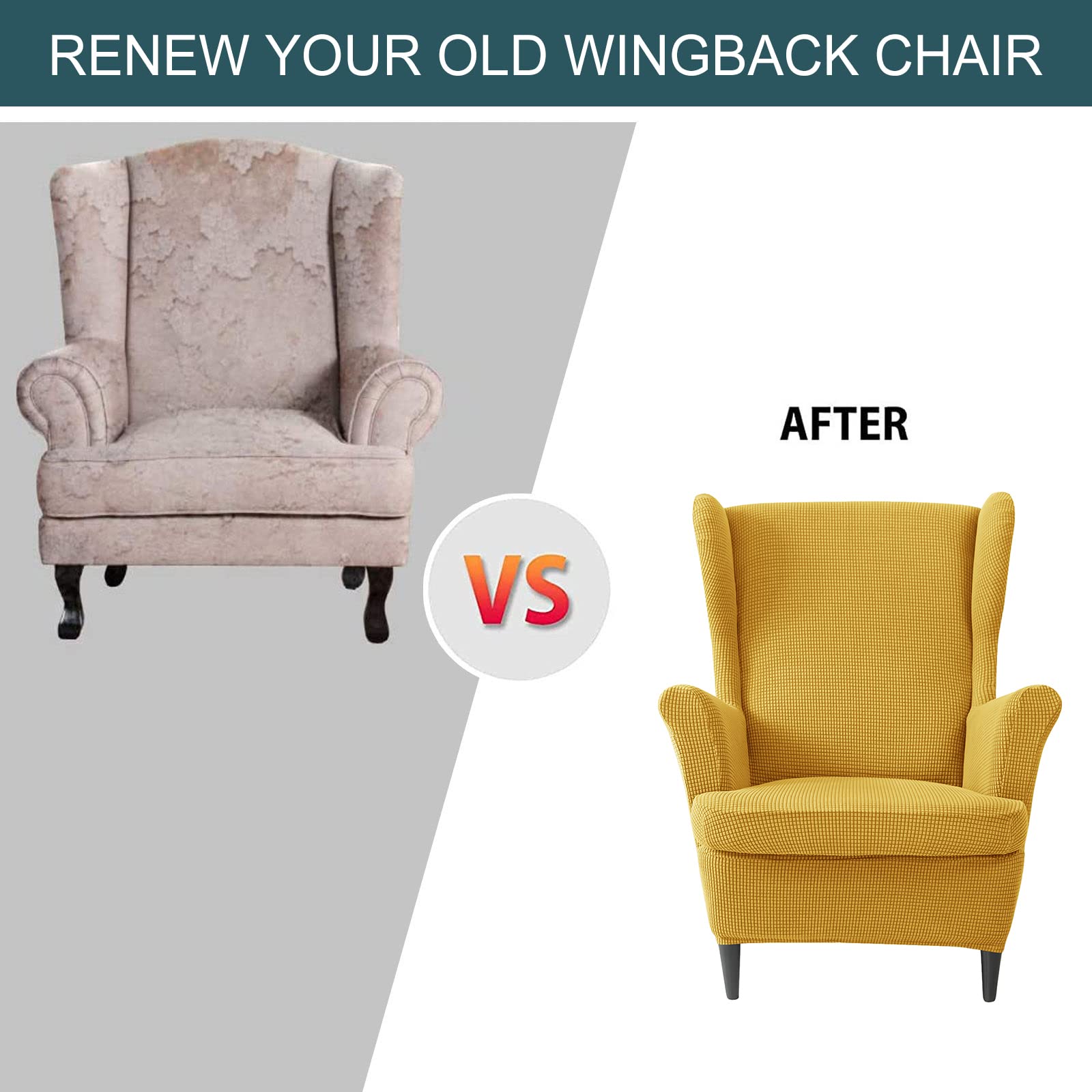 Stretch Wing Chair Slipcover 2-Piece Set - Plaid Wingback Chair Cover with Spandex & Non-Slip Design for Living Room Furniture - Yellow - Perfect for Home Decor, Sofa Protection & Easy Cleaning