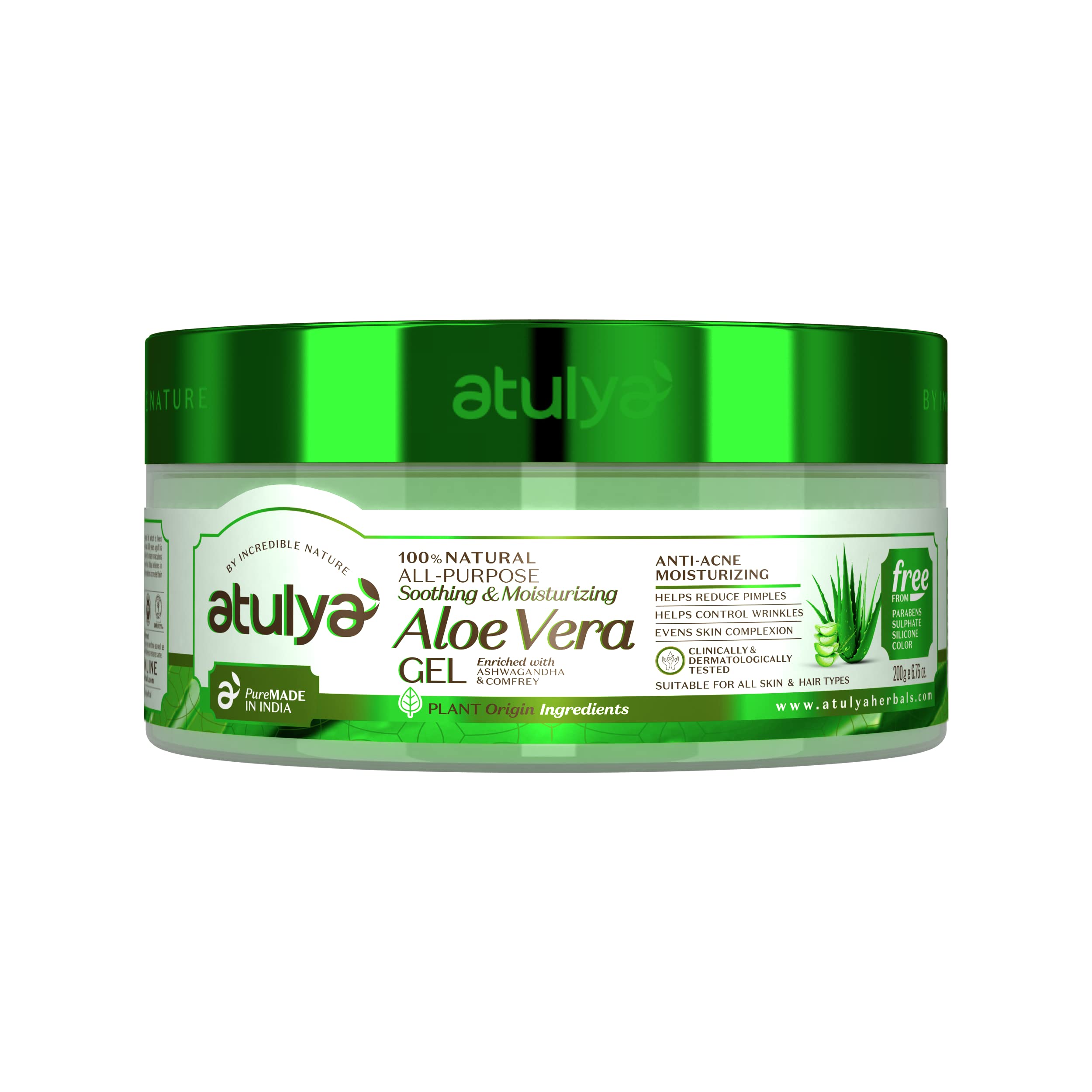 Atulya Pure Aloe Vera Gel for Face & Body - Soothing, Moisturizing Skin Care Treatment | Reduces Fine Lines & Wrinkles | Paraben & Sulfate Free | Suitable for All Skin Types | Perfect for Sunburn Relief, After Shave, Hair Mask & Daily Hydration