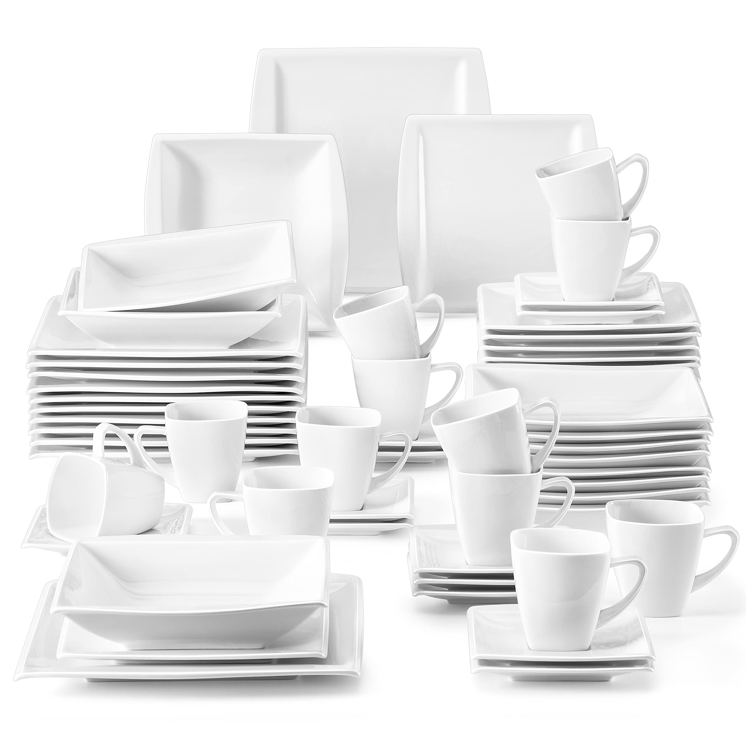 MALACASA 60-Piece Ivory White Porcelain Dinnerware Set for 12 - Square Plates, Bowls, Cups & Saucers - Modern Dining Ware Collection - Perfect for Family Gatherings, Dinner Parties & Restaurant Use