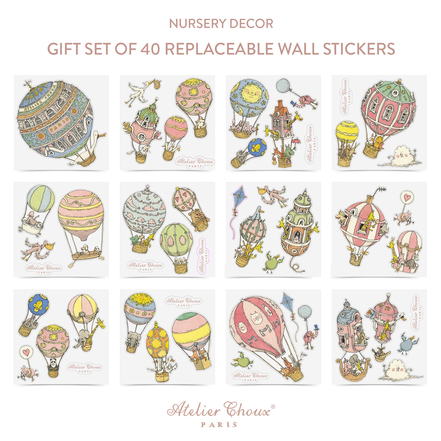 Atelier Choux Replaceable Wall Stickers - Pack of 40 Decorative Nursery Stickers for Baby Room & Kids Bedroom Decor - Perfect for Nursery Walls, Playrooms & Toddler Spaces