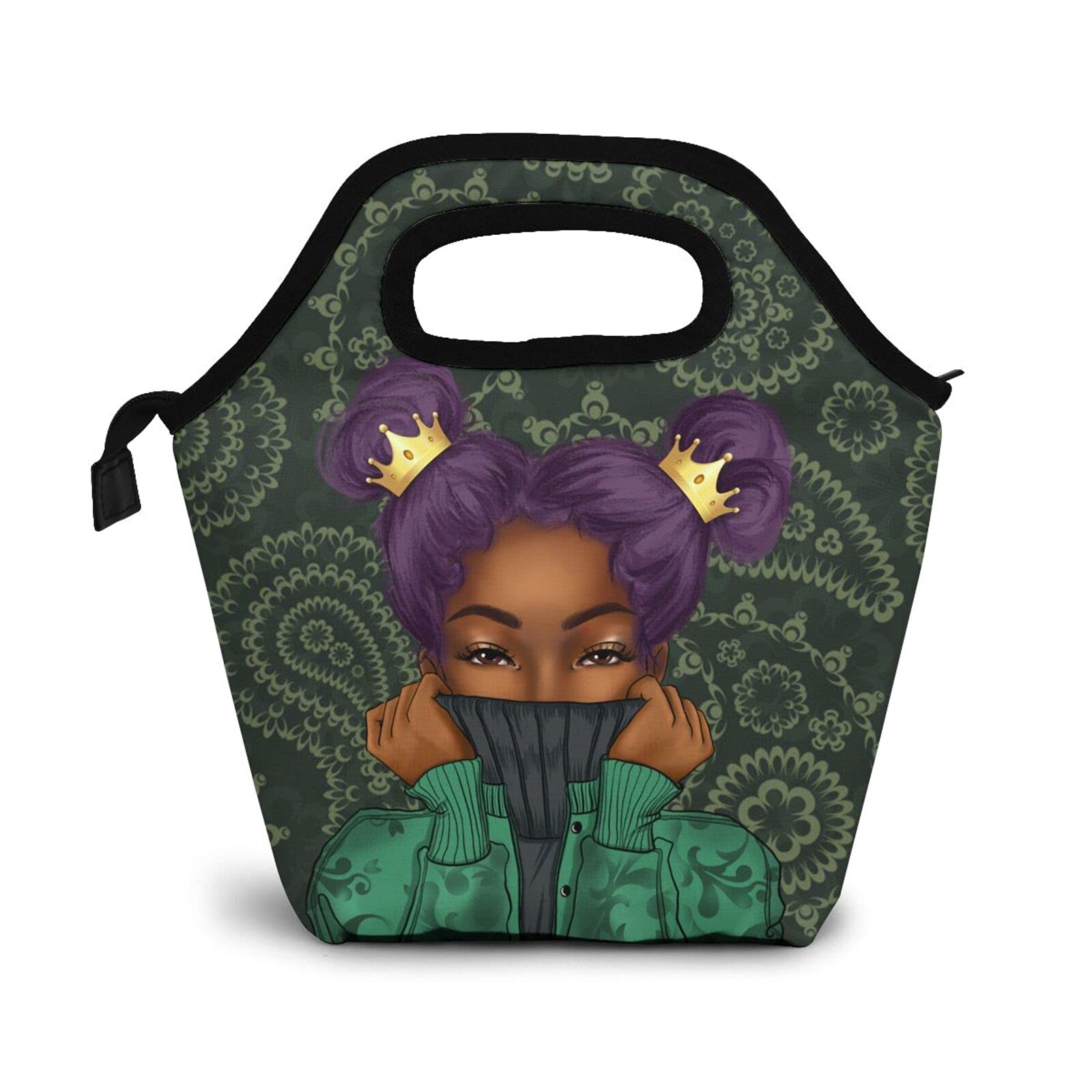 African American Women's Insulated Lunch Bag with Afro Black Girl & Crown Design - Stylish Tote Cooler Bag for Women, Men & Kids | Perfect for Work, School & Picnics