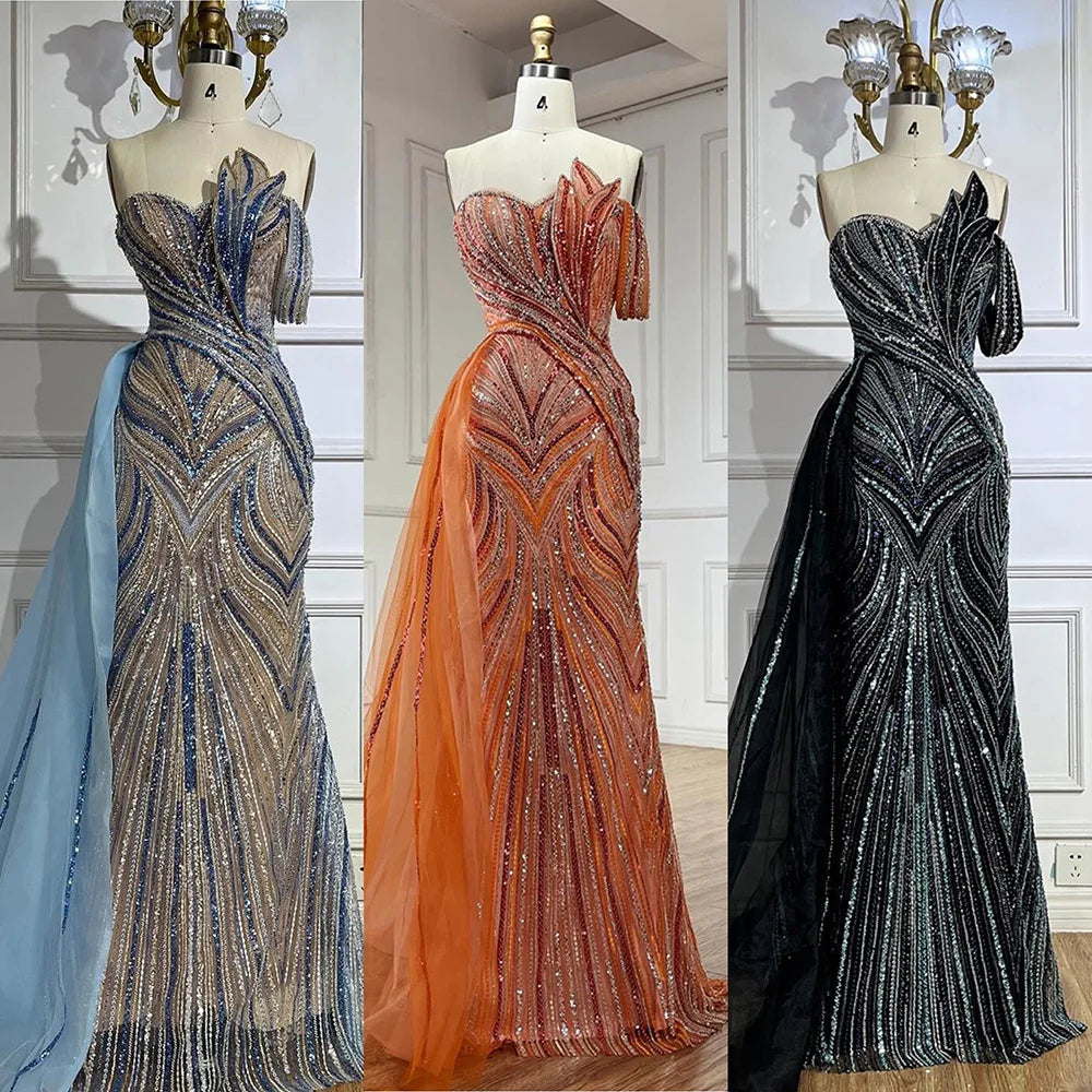 Elegant Arabic Blue One Shoulder Evening Gown with Beaded Side Overskirt - Luxury Dubai Style Women's Party Dress LA72662 for Prom, Gala & Special Occasions