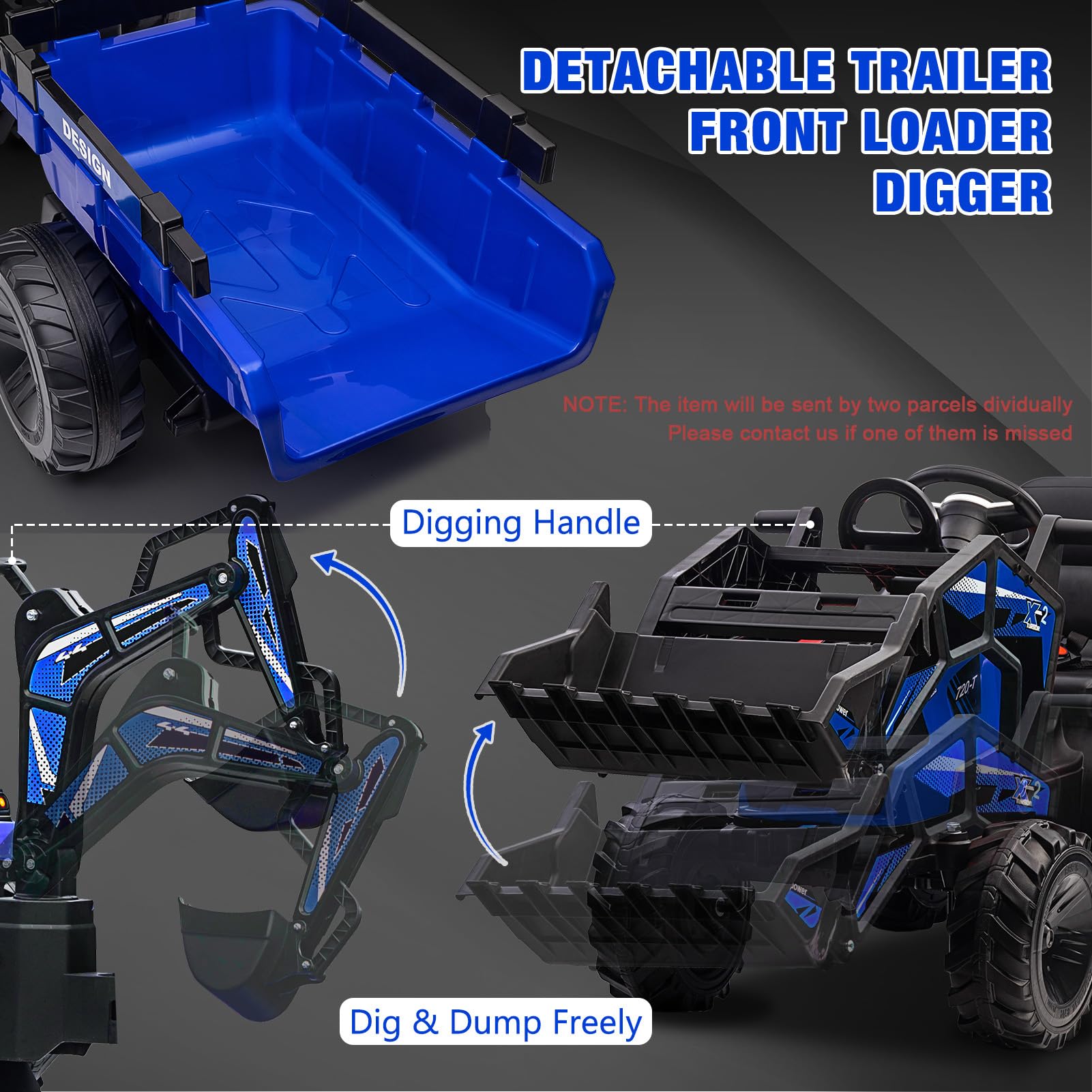 24V 3-in-1 Electric Kids Ride-On Tractor with Excavator & Bulldozer Attachments - Remote Control Toy Vehicle with Trailer, Digger Bucket, EVA Tires, LED Lights, Music & USB - Blue | Outdoor Play, Construction Pretend Play, Backyard Fun for Toddlers