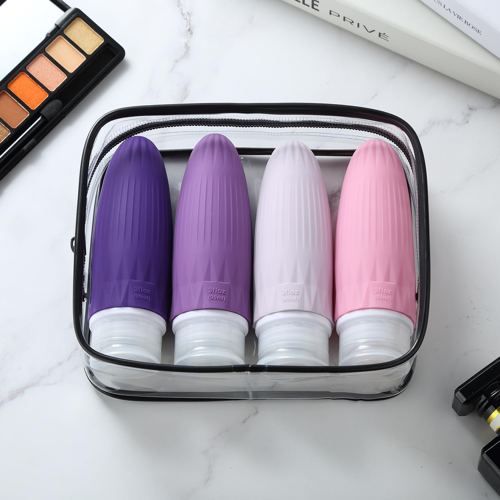 Gemice 4-Pack TSA Approved 3oz Leak-Proof Silicone Travel Bottles for Shampoo, Body Lotion & Toiletries | Refillable Squeezable Containers for Air Travel, Gym, Camping & Vacation Essentials