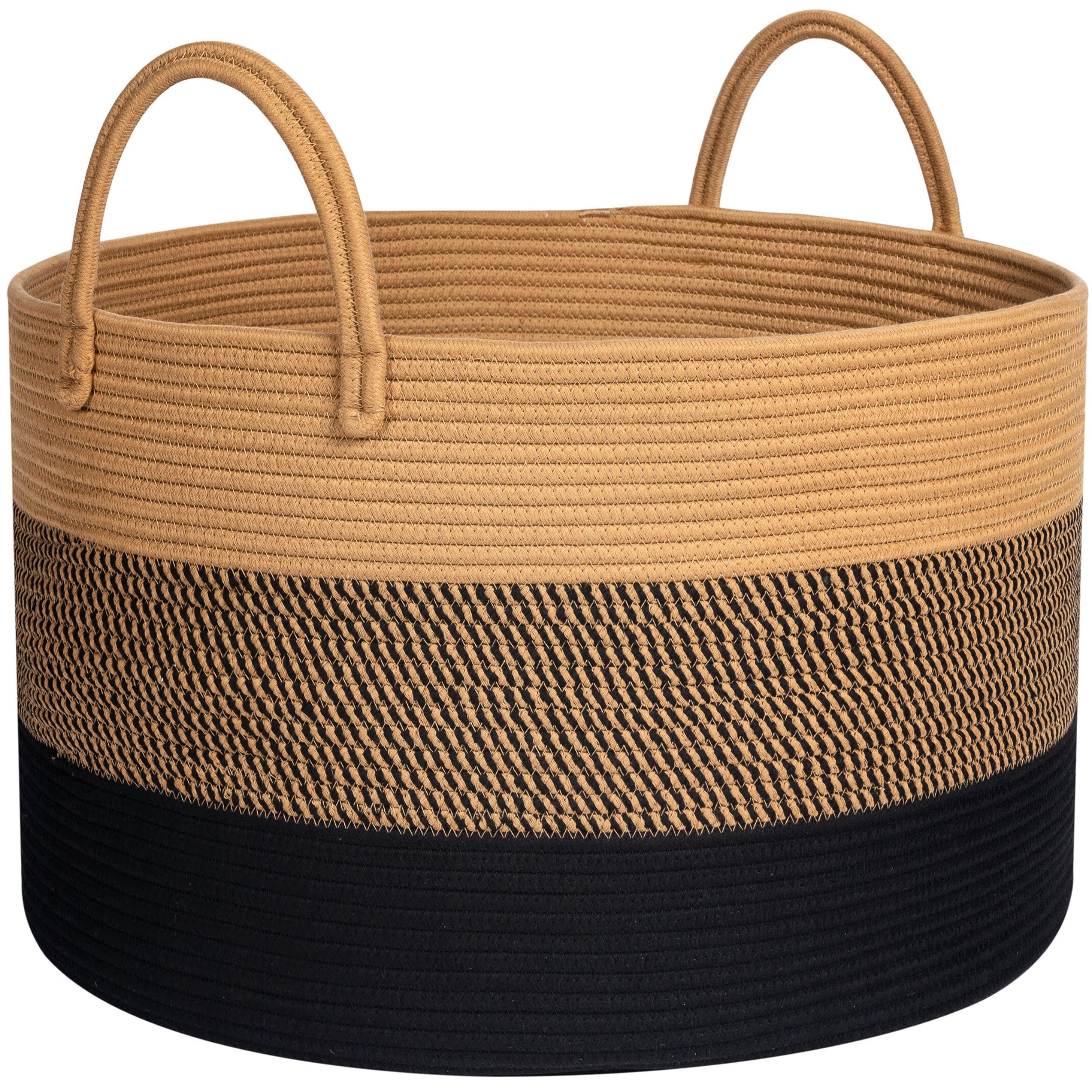 MINTWOOD Extra Large 22x14 Inch Woven Storage Basket - Blanket, Laundry & Toy Organizer, Decorative Cotton Rope Bin for Living Room, Bedroom & Nursery - Black Jute Basket for Home Organization & Cozy Decor