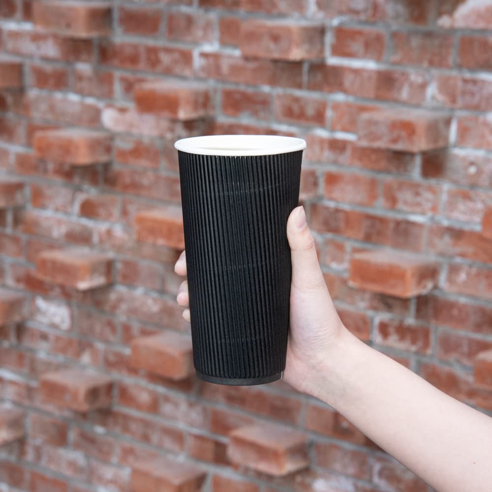20oz Ripple Insulated Coffee Cups - 250 Pack Double Wall Corrugated Paper Cups with Secure Grip | Eco-Friendly & Leakproof Black Ribbed Coffee Cups | Perfect for Coffee Shops, Offices & Catering Events (Lids Sold Separately)