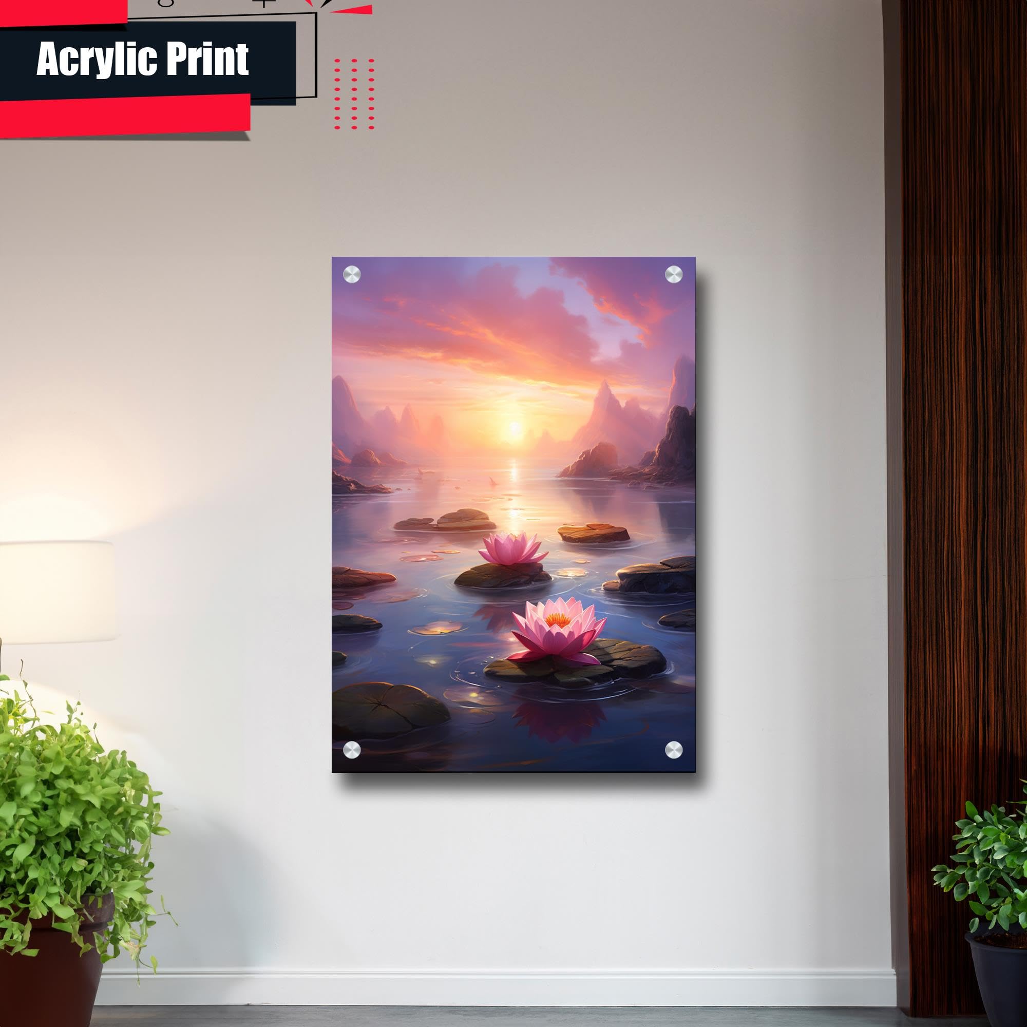 Zen Wall Art Decor - Framed Zen Garden Poster with Stone Flower & Peaceful Water Sunset - Meditation & Yoga Room Decor for Home, Office, Spa - Perfect for Relaxation & Mindfulness Spaces