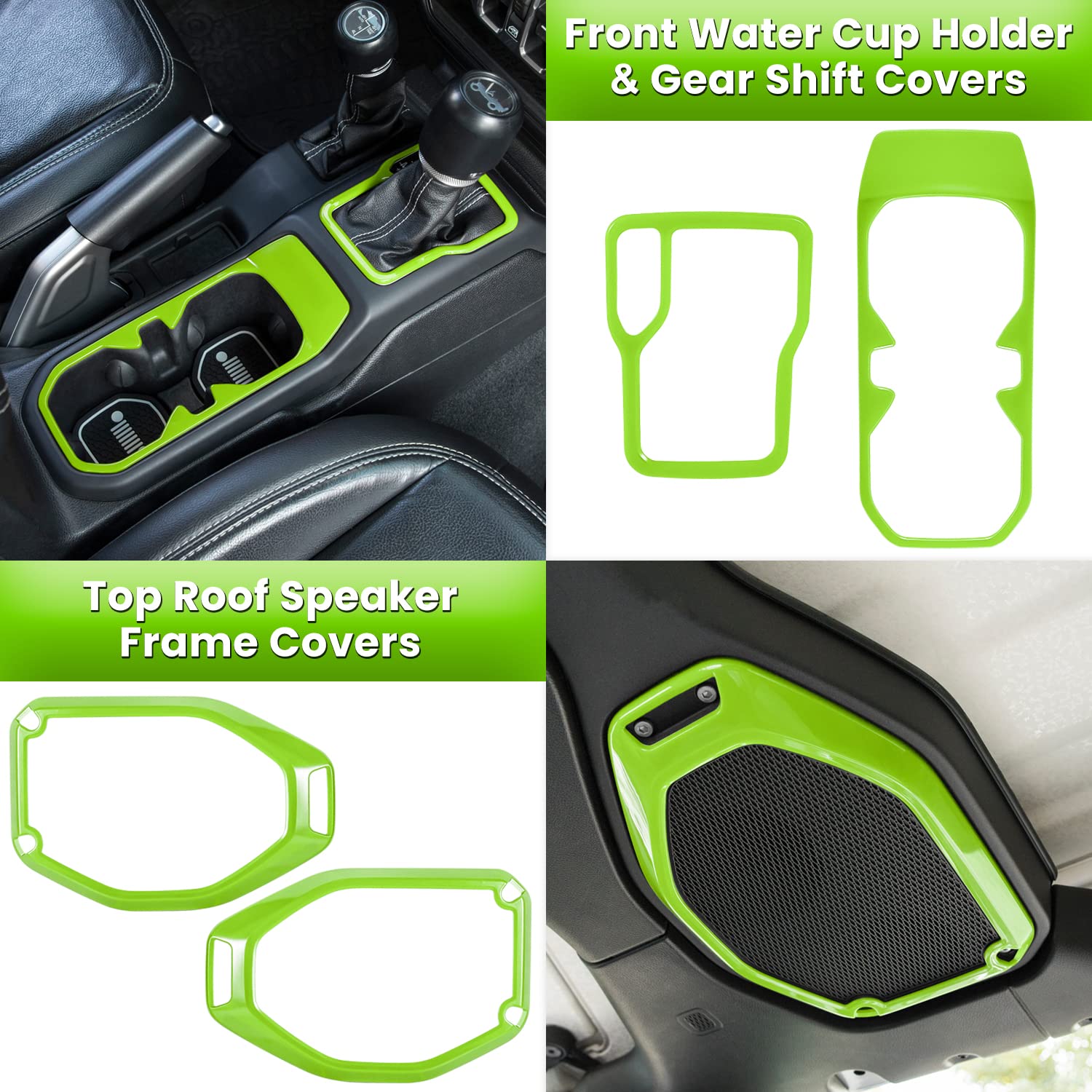 23PCS Full Interior Trim Kit for Jeep Wrangler JL JLU & Gladiator JT (2018-2023) - Steering Wheel, Door Handles, AC Vents, Cup Holders, Reading Light & Gear Cover in Green | Premium Car Accessories for Enhanced Style & Protection