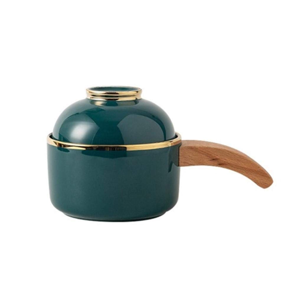 Ceramic Dessert Plate with Wooden Handle Lid - Dark Green Bubble Noodle Bowl | Perfect for Ice Cream, Pudding, and Asian Noodle Dishes