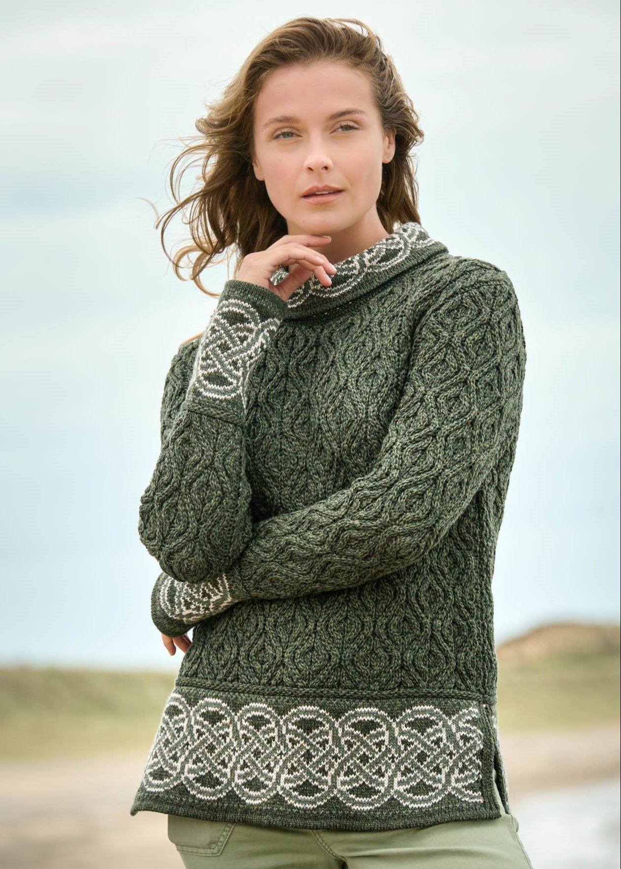Aran Women's Celtic Knit Sweater - Irish Wool Cable Knit Pullover in Emerald Green | Perfect for Winter, St. Patrick's Day & Cozy Fall Fashion