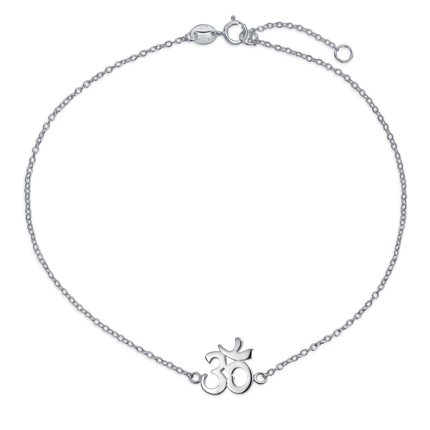 925 Sterling Silver Adjustable Aum Om Ohm Symbol Anklet with Multi CZ Peace Charms - 9-10 Inch Ankle Bracelet for Women - Perfect for Yoga, Meditation & Boho Fashion