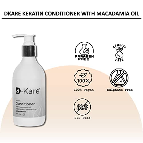 DKare Keratin Conditioner with Macadamia Oil - 100% Vegan, Paraben & Sulfate Free - Promotes Hair Growth, Reduces Hair Fall, Nourishes Dry Hair & Controls Frizz - No Color & PEG - For Men & Women - 250ml - Perfect for Daily Hair Care & Salon-Quality Results at Home