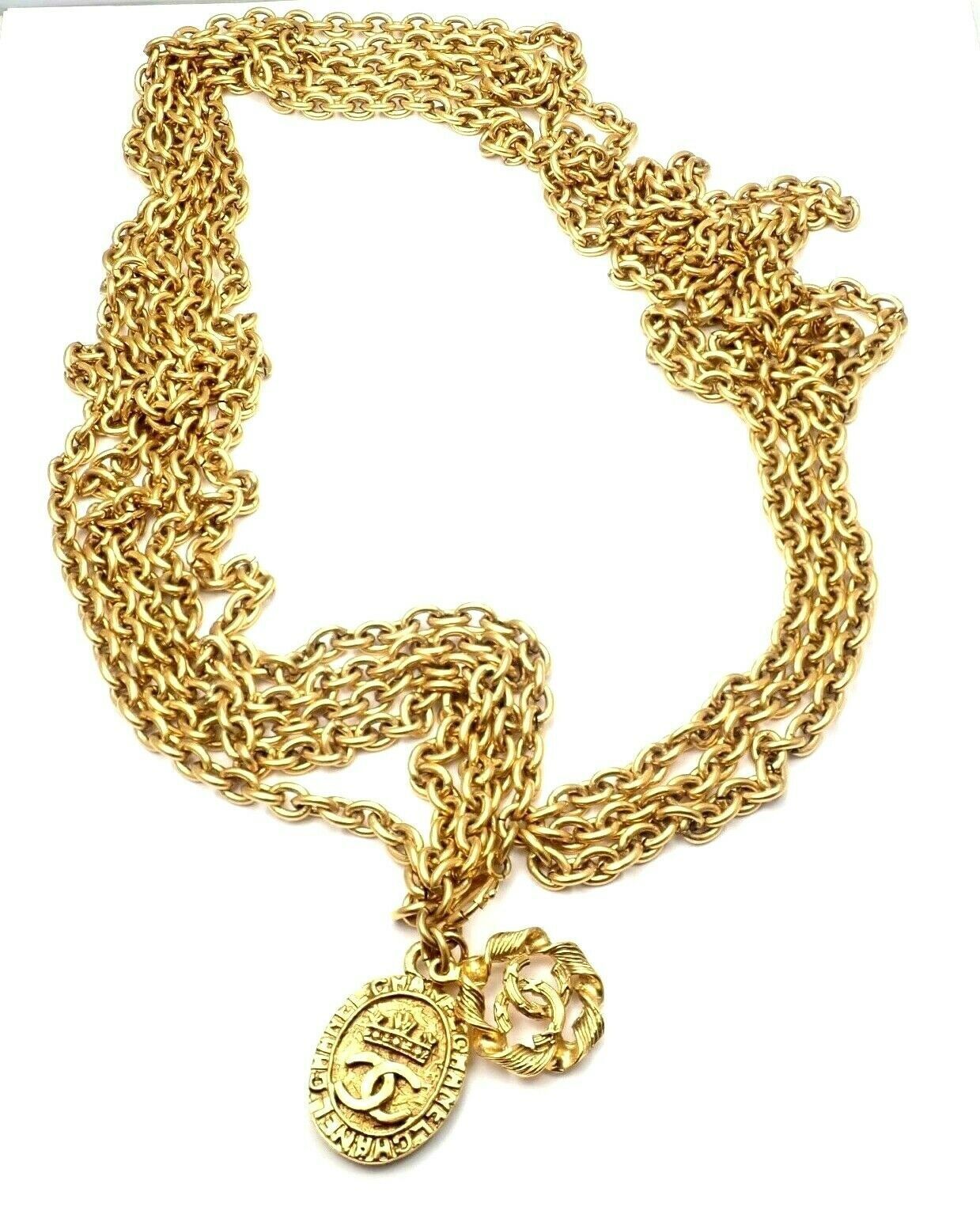 Authentic Chanel Gold Tone 3 Row Draped Clasp Belt Necklace 34