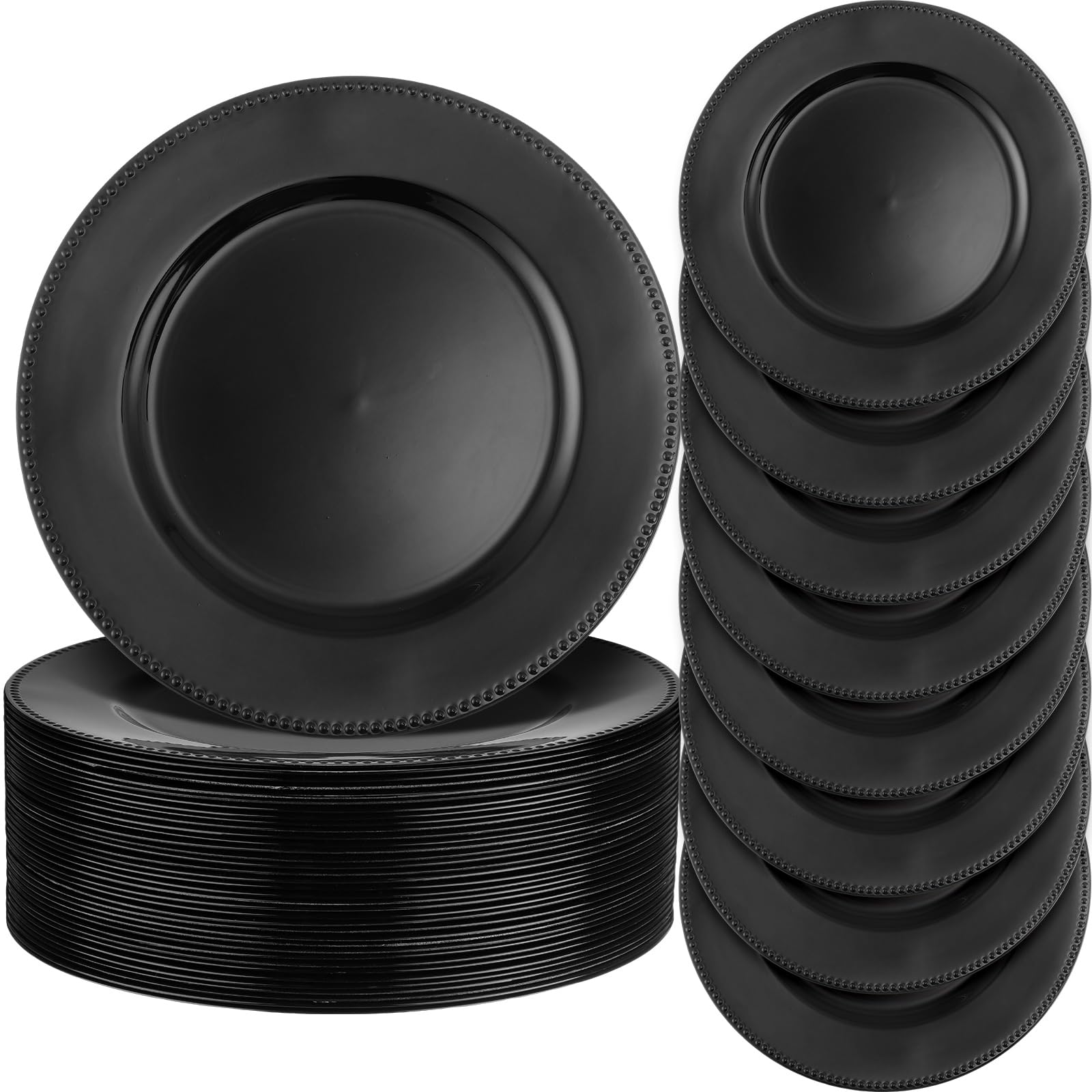 36 Pack Beaded Charger Plates - 13 Inch Round Vintage Charger Trays for Wedding, Holiday & Party Decor - Reusable Dinner Plates for Table Setting - Elegant Black Event Tableware (Perfect for Christmas, Thanksgiving & Formal Dining)