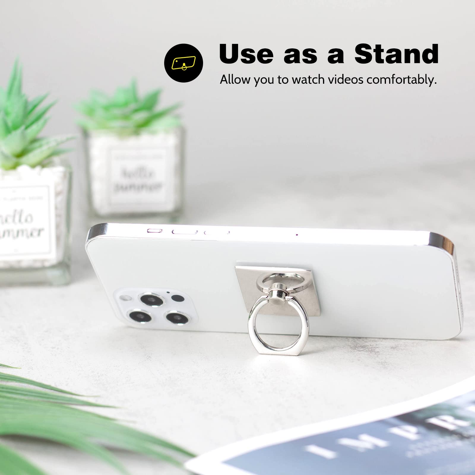 2 Pack Square Sparkling Phone Ring Holder Stand - 360° Rotating & 180° Adjustable Finger Ring Kickstand with Polished Metal Grip (Silver) | Perfect for Hands-Free Viewing, Selfies, and Secure Phone Handling