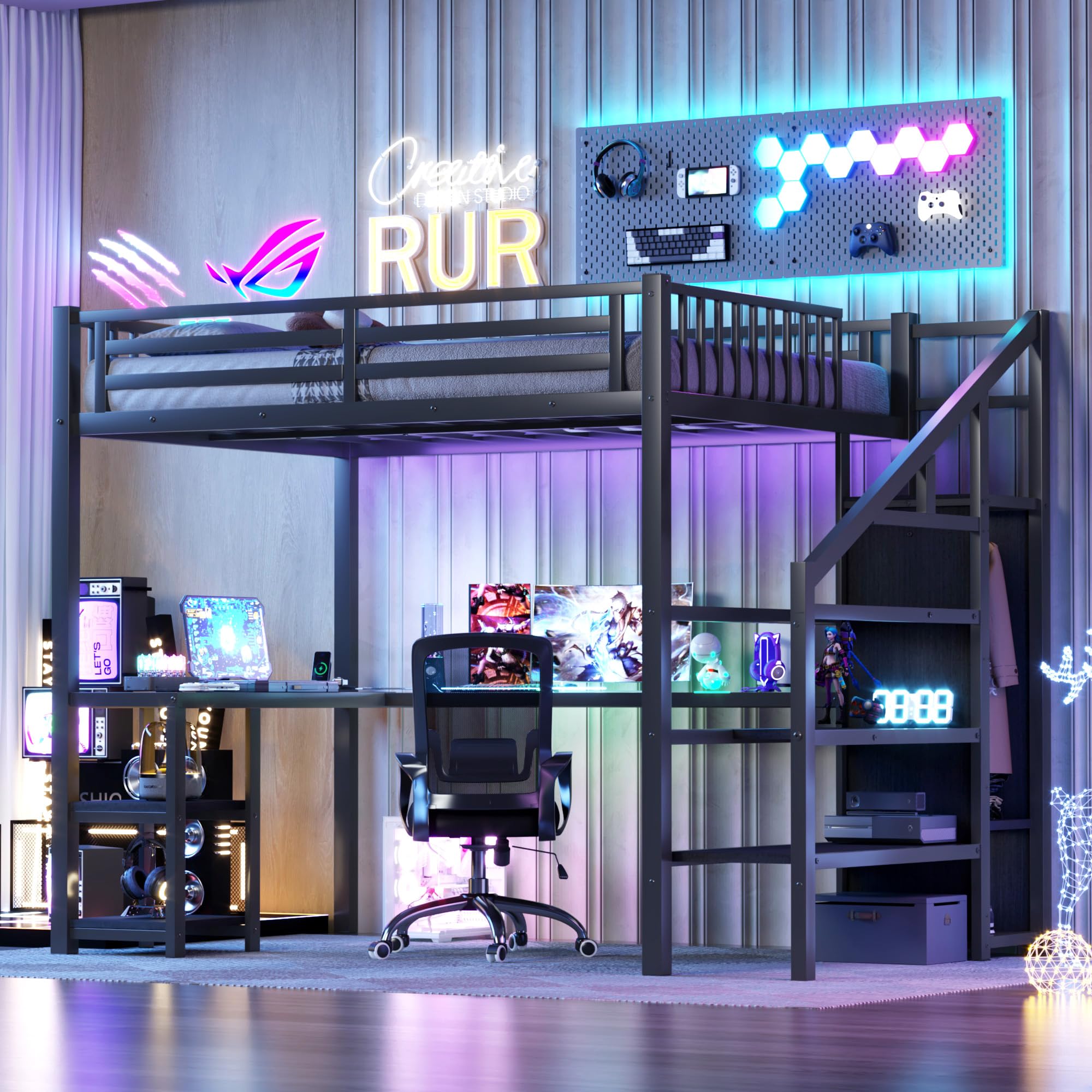 Full Size Metal Loft Bed with Stairs, Desk & RGB LED Lights - Heavy Duty Steel Gaming Loft Bed Frame with Storage Wardrobe, Shelves & Charging Station for Adults, Teens & Kids - Perfect for Small Spaces, Dorm Rooms & Gaming Setups (Black)