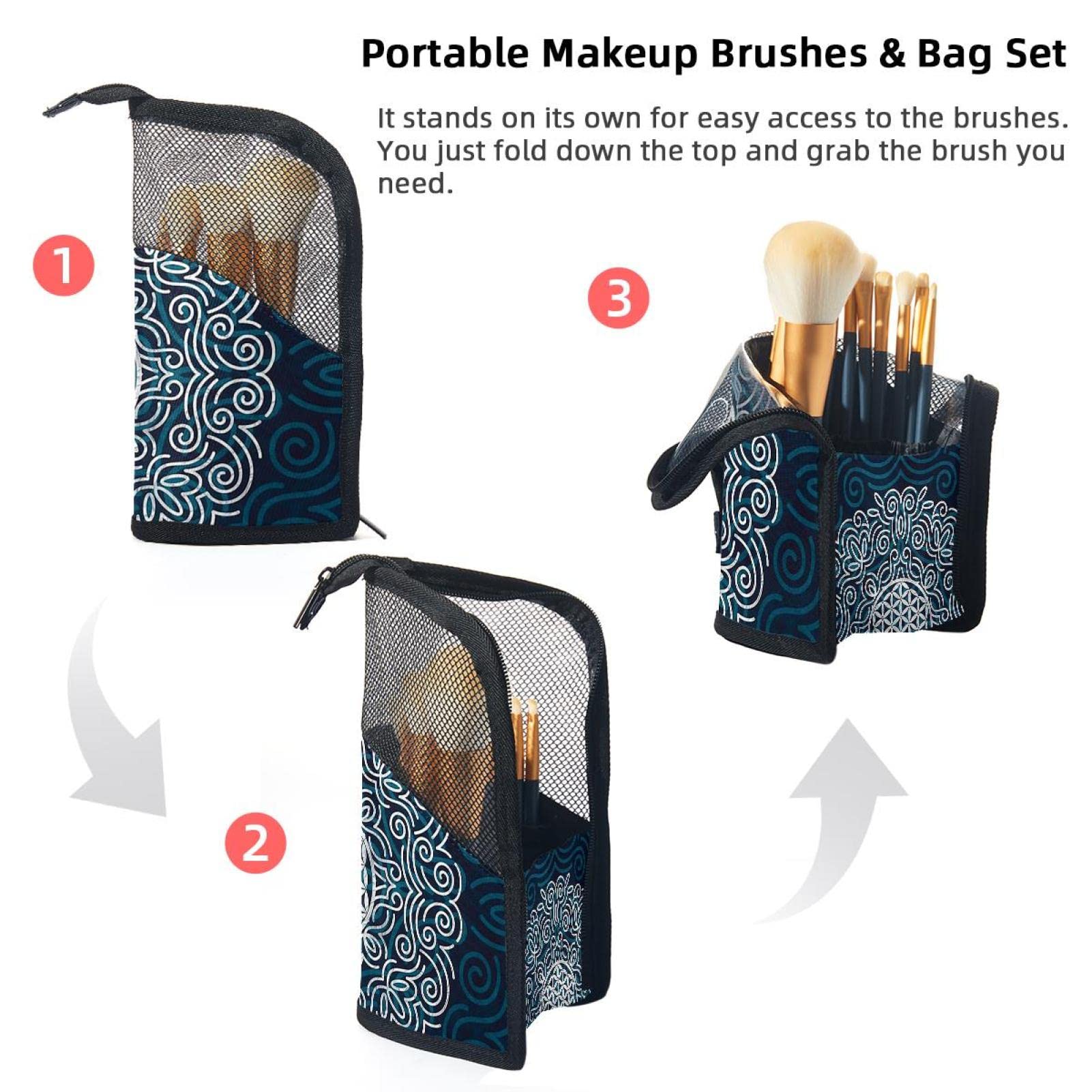 12-Piece Makeup Brush Organizer Bag with Flower Ethnic Design - Portable Cosmetic Brush Holder Case for Travel & Home Storage | Perfect for Makeup Artists & Beauty Enthusiasts