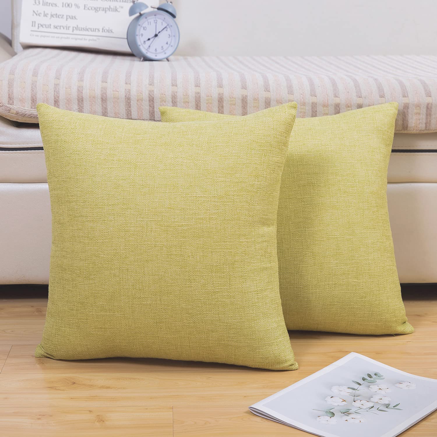 Jepeak 2-Pack Linen Throw Pillow Covers 16x16 Inches - Soft Farmhouse Decorative Square Cushion Cases for Sofa, Couch & Bed - Pea Green - Perfect for Living Room, Bedroom & Home Decor