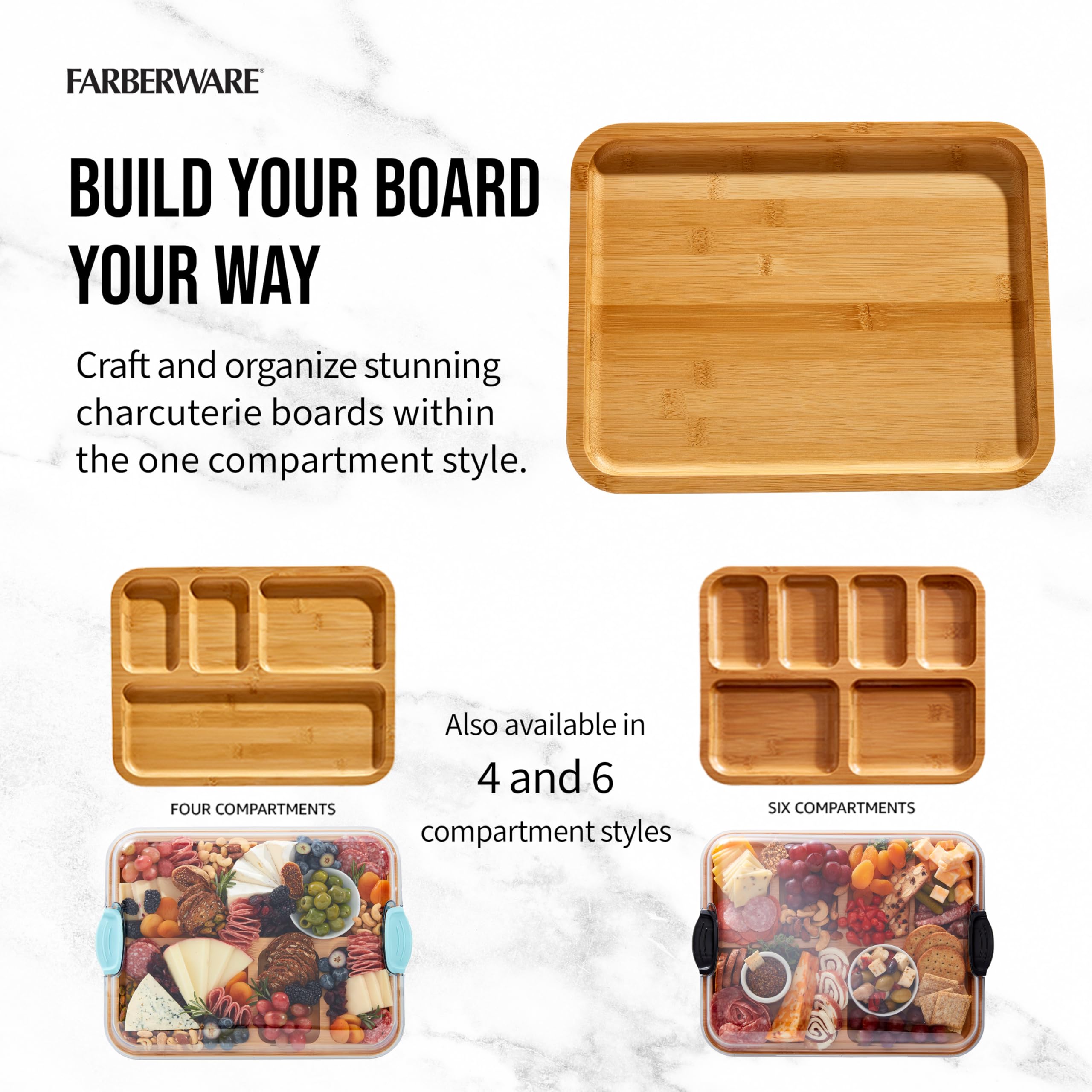 Farberware Bamboo Cutting Board with Built-in Compartments & Locking Lid - Navy Handles - Perfect for Charcuterie, Cheese, Snacks - Ideal for Entertaining, Kitchen Prep & Serving