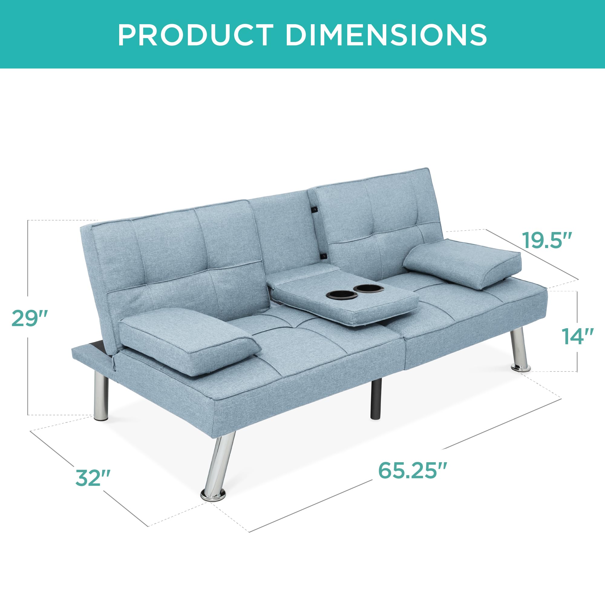 Best Choice Products Modern Folding Futon Sofa Bed - Light Blue Linen Reclining Convertible Couch with Removable Armrests & 2 Cup Holders - Perfect for Small Apartments, Dorm Rooms, Guest Rooms and Home Offices