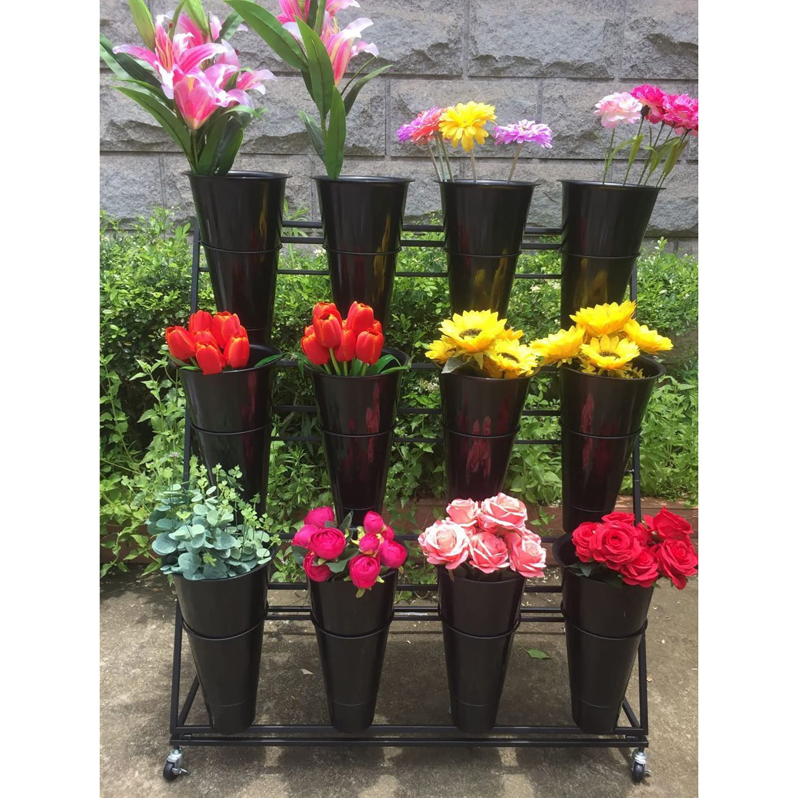 U&Q 3-Tier Metal Plant Stand with Wheels - Modern Indoor Outdoor Flower Display Shelf with Buckets for Home, Patio, Balcony - Black 100x50x110cm (39x20x43in) - Perfect for Decorating Living Rooms, Gardens & Office Spaces