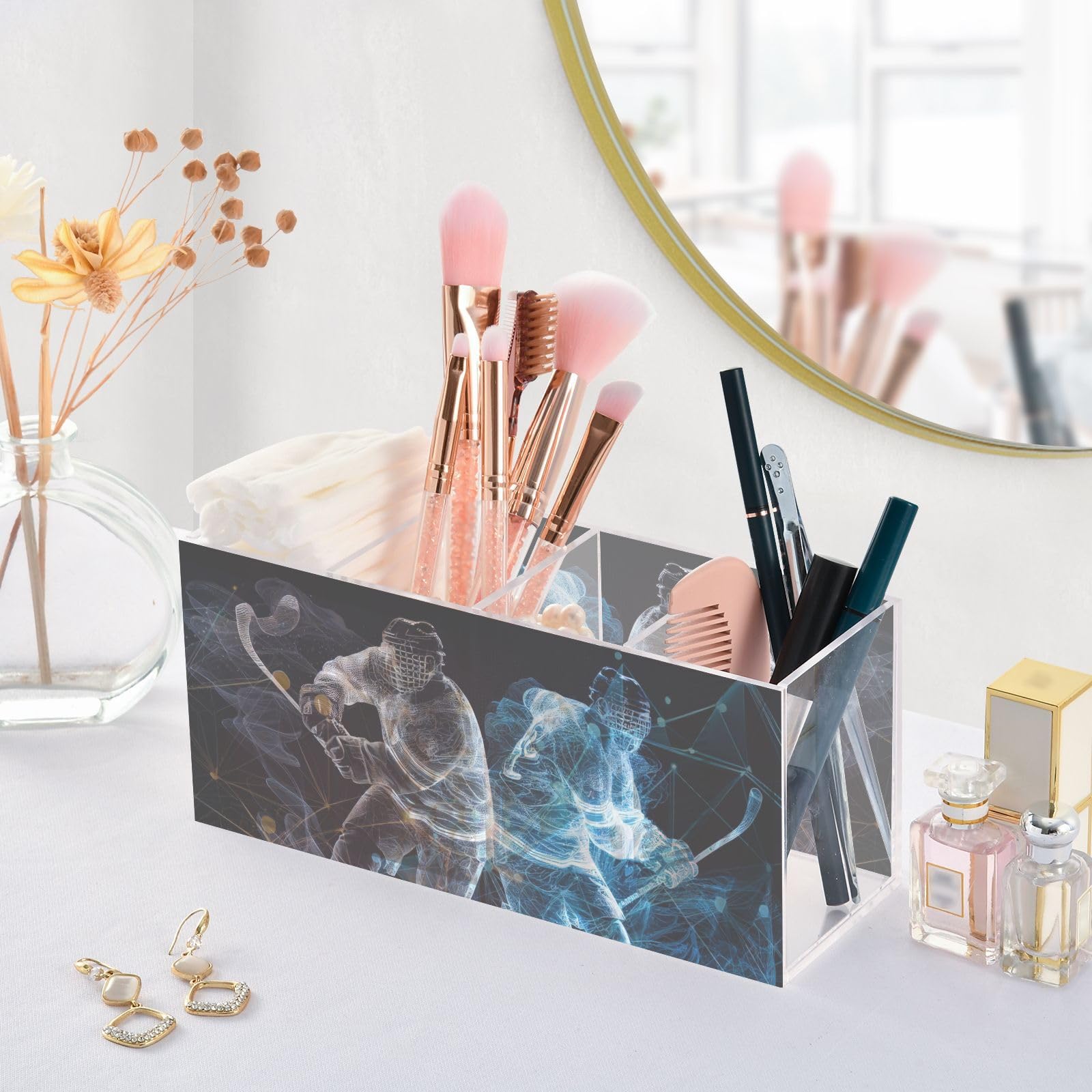 Abstract Hockey Player Acrylic Pen Holder - 4 Compartment Desk Organizer for Pencils, Brushes & Utensils - Personalized Pattern Office & Home Decor for Sports Fans