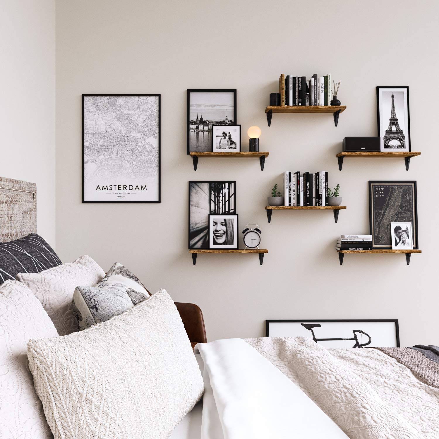 Wallniture Arras Floating Shelves Set of 6 - Rustic Wood Wall Shelves for Bedroom, Living Room & Office Decor - Perfect for Displaying Books, Photos & Decorative Items