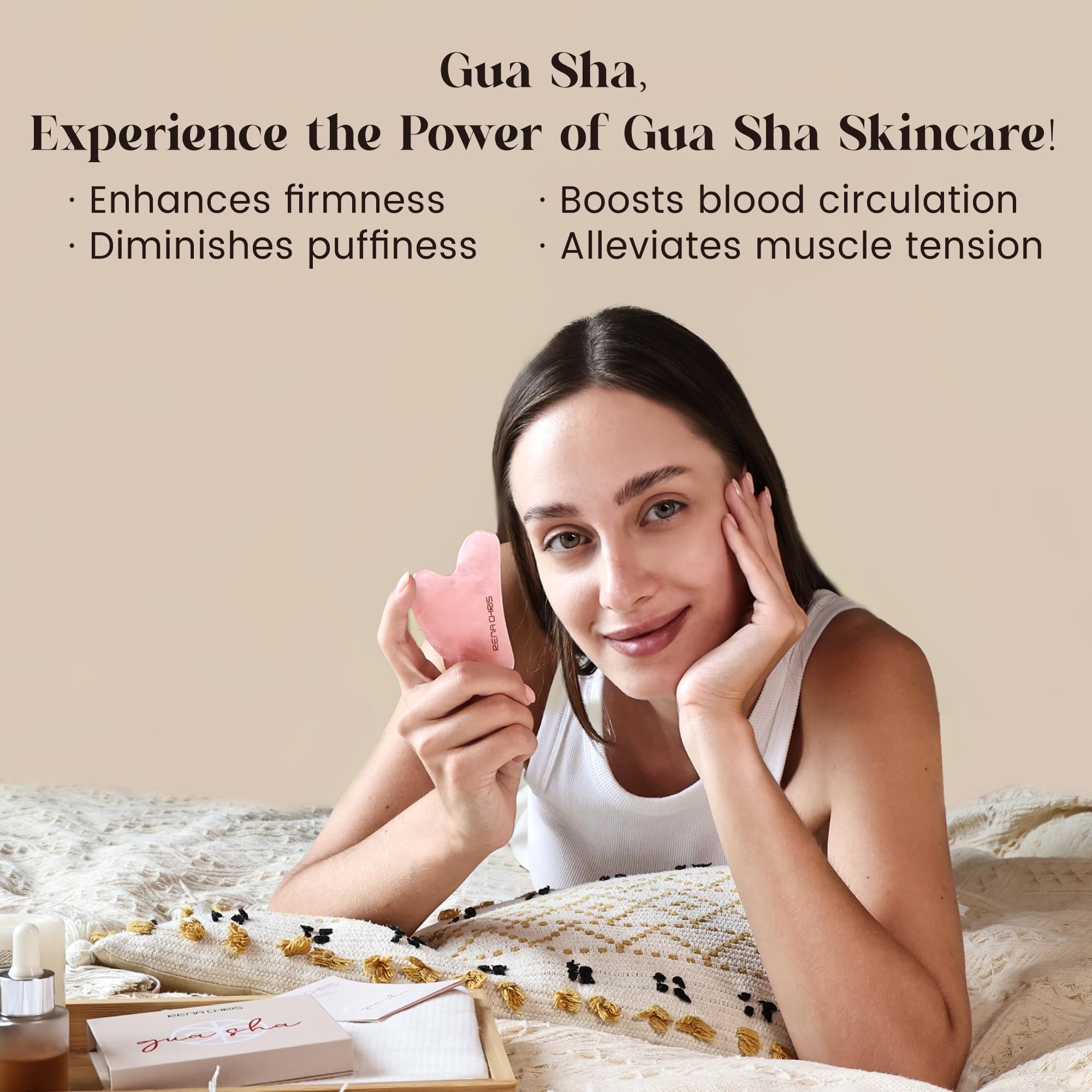 Rose Quartz Gua Sha Facial Tool for Face Massage - Natural Stone Guasha Tool for Jawline Sculpting, Puffiness Reduction & Skin Care | Perfect for Home Spa, Self-Care Routine & Relaxation (Pink)