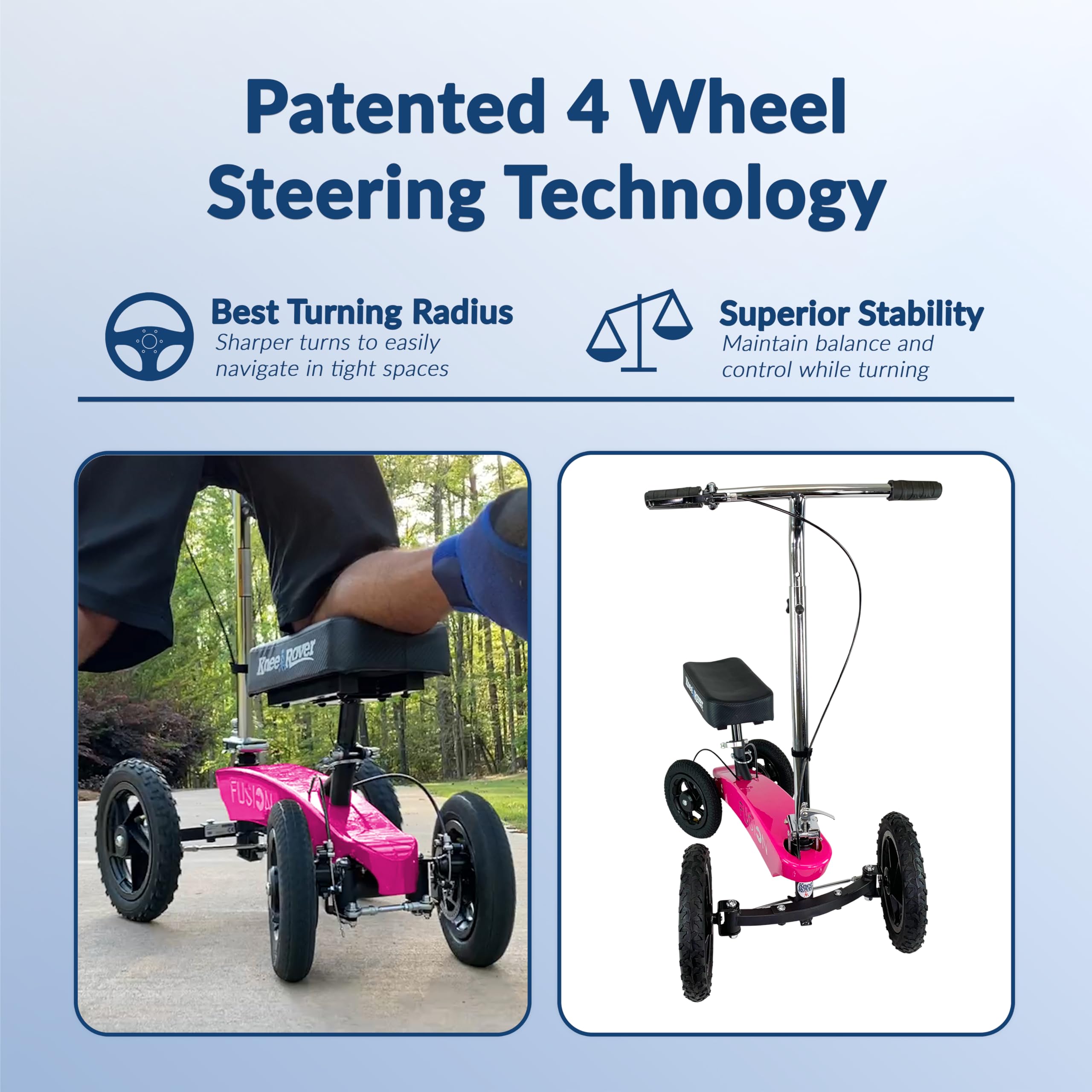 KneeRover All Terrain 4-Wheel Knee Scooter for Adults - Heavy Duty Knee Walker for Foot Surgery Recovery, Broken Ankle & Leg Injuries - Patented Steering Mobility Aid for Indoor/Outdoor Use