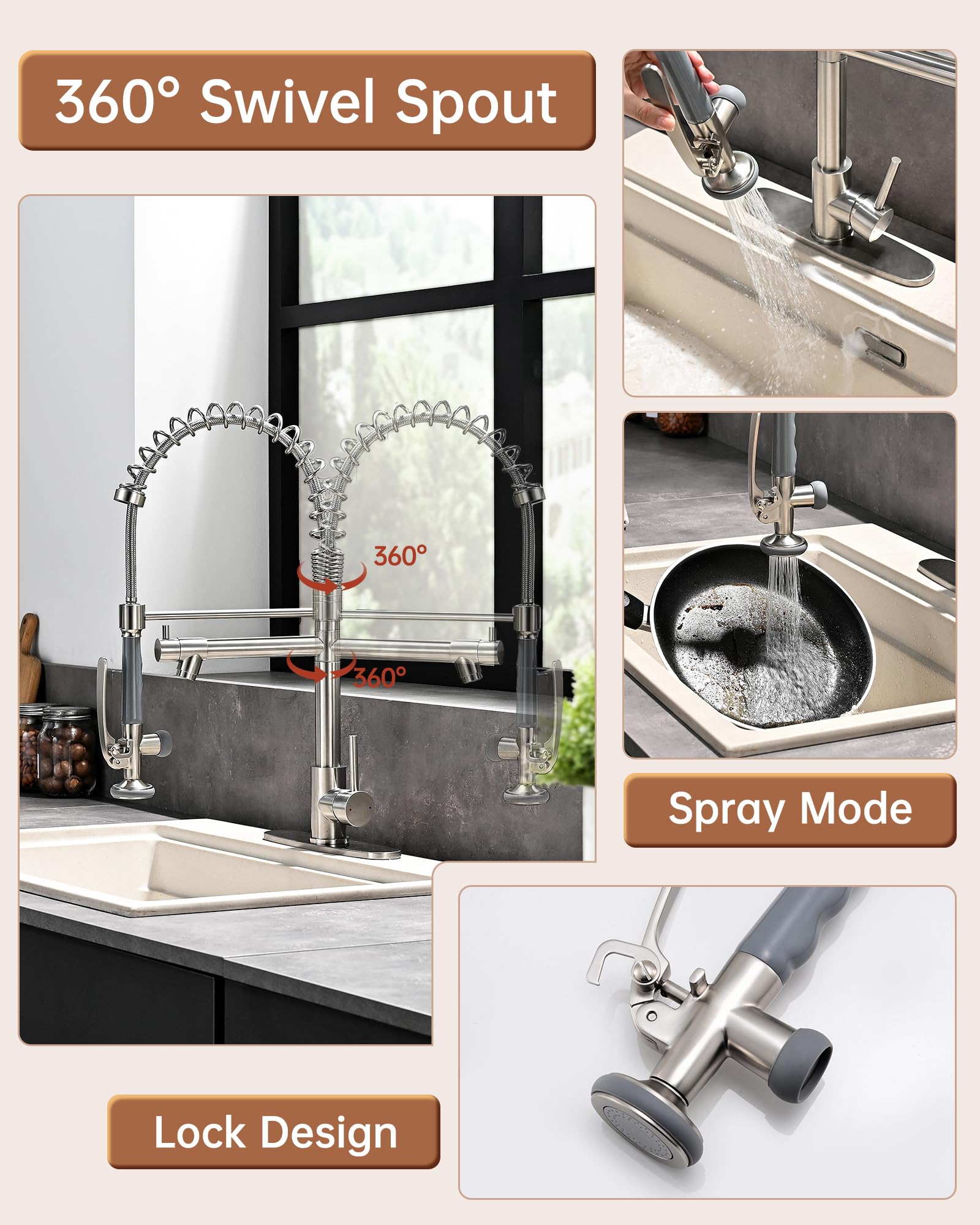 Fapully Commercial Kitchen Faucet with Pull Down Sprayer and Deck Plate - Brushed Nickel Finish for Restaurant & Home Kitchen Sink