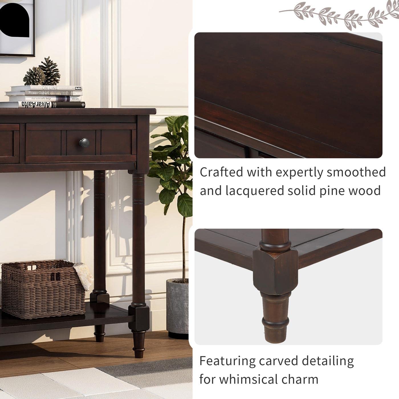 JINS&VICO Espresso Console Table with 2 Drawers & Bottom Shelf - Entryway Sofa Table, Sideboard for Living Room, Dining Room | Perfect for Hallway Decor, Home Storage & Display