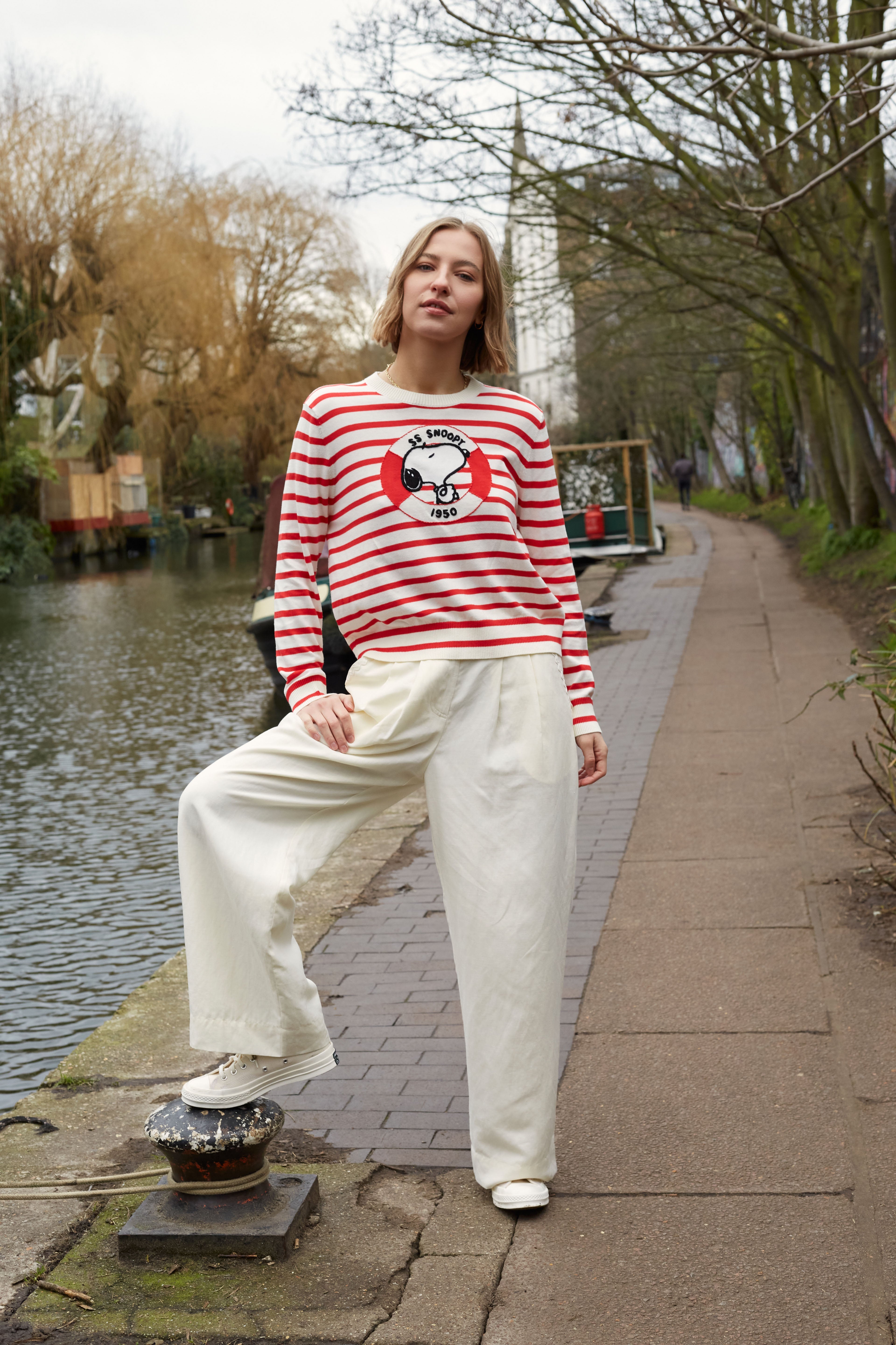 Red Cotton Snoopy Nautical Sweater for Women - Cute Cartoon Dog Pullover - Perfect for Casual Wear, Fall Outfits & Christmas Gifts