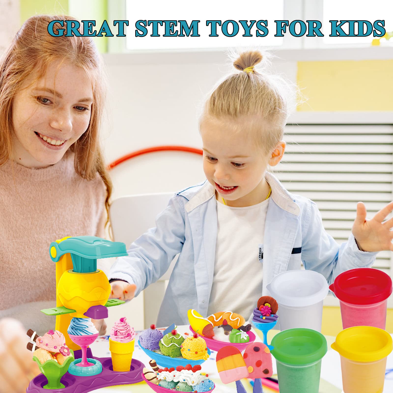 Colorful Ice Cream Play Dough Set - 21Pcs Kitchen Creations & Ice Cream Truck Maker with Clay Dough Tools - Creative Pretend Play Toy for Kids, Girls & Boys - Perfect for Birthday Gifts & Preschool Learning Activities