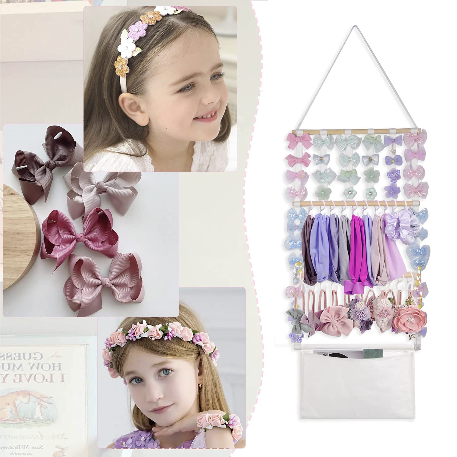 Nerien Macrame Wood Headband Holder - Hair Bow Organizer for Girls, Baby & Toddler - Wall Hanging Storage for Hair Ribbons, Ties & Clips - Includes 20 Hooks - Perfect for Bedroom, Bathroom & Shower Room Organization