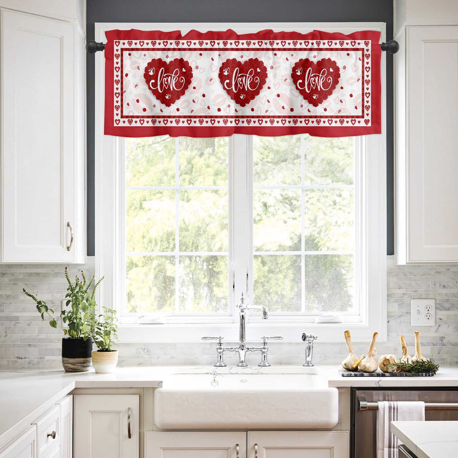 Valentine's Day Red Roses Window Valance - Romantic Love Heart Design with Sexy Red Lips Background - 54