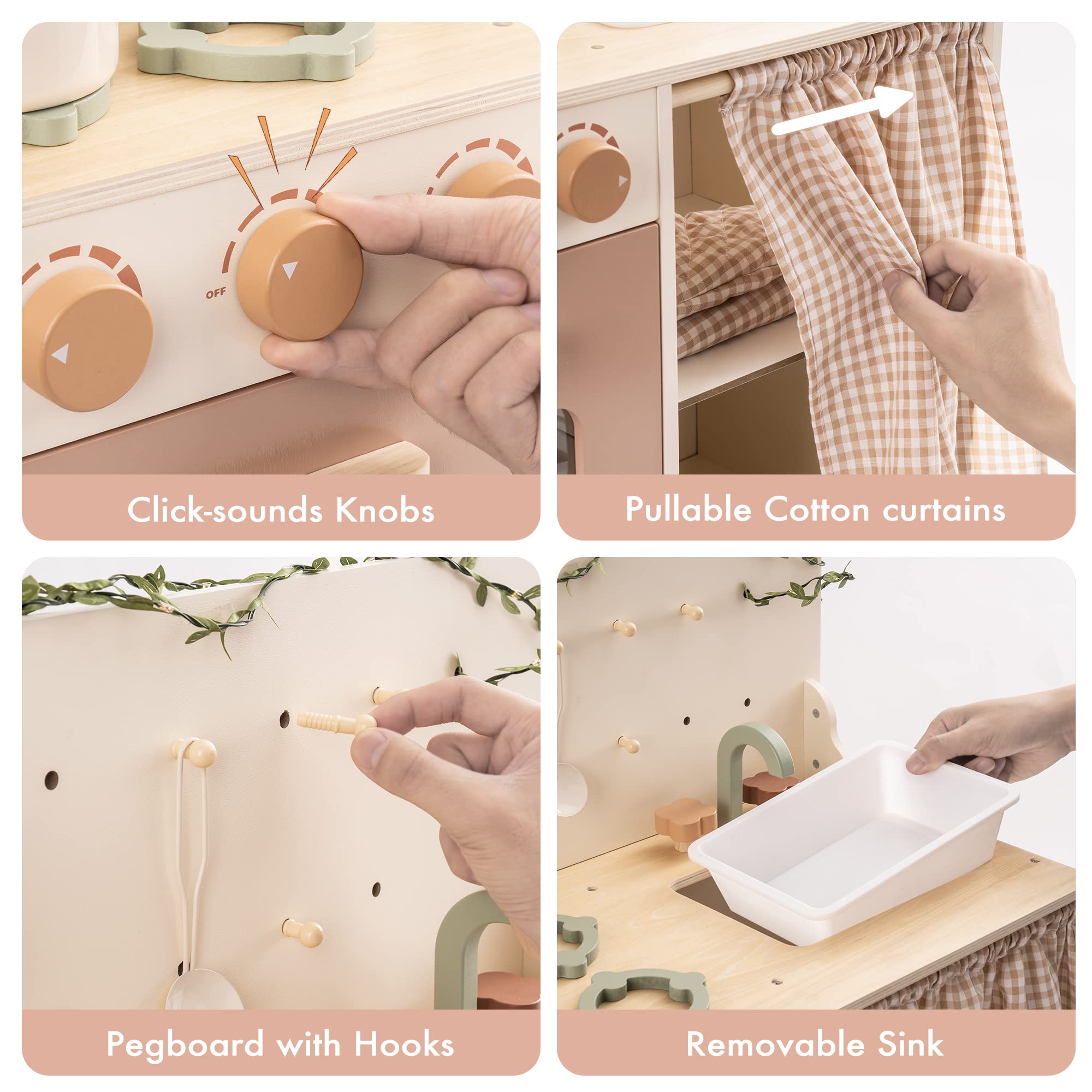 ROBOTIME Rustic Wooden Play Kitchen Set for Kids - Pretend Play Kitchen with Leaf Light String, Apron, and Gloves, Perfect for Toddlers 3+ (Rustic Style) - Ideal for Home, Preschool, and Daycare Pretend Play