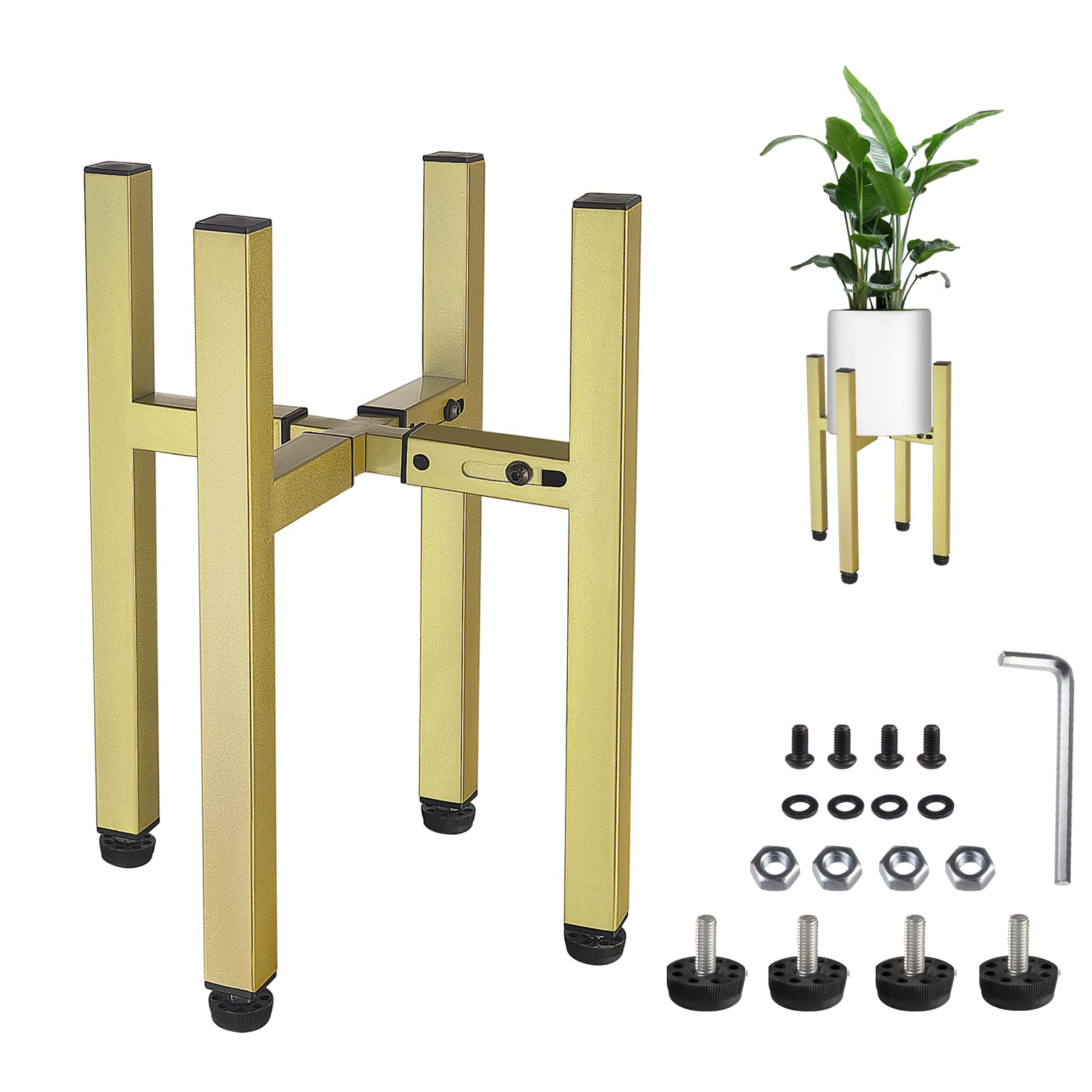Adjustable Mid Century Modern Metal Plant Stand - Indoor & Outdoor Golden Plant Shelf for 8-11 Inch Flower Pots (Pot Not Included) - Perfect for Living Room, Balcony, Garden Corner Decor