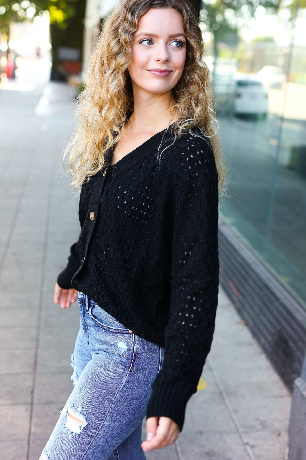 Stylish Black Pointelle Knit Button Down Cardigan for Women | Elegant Lace Knit Sweater | Perfect for Office, Date Night & Fall Layering