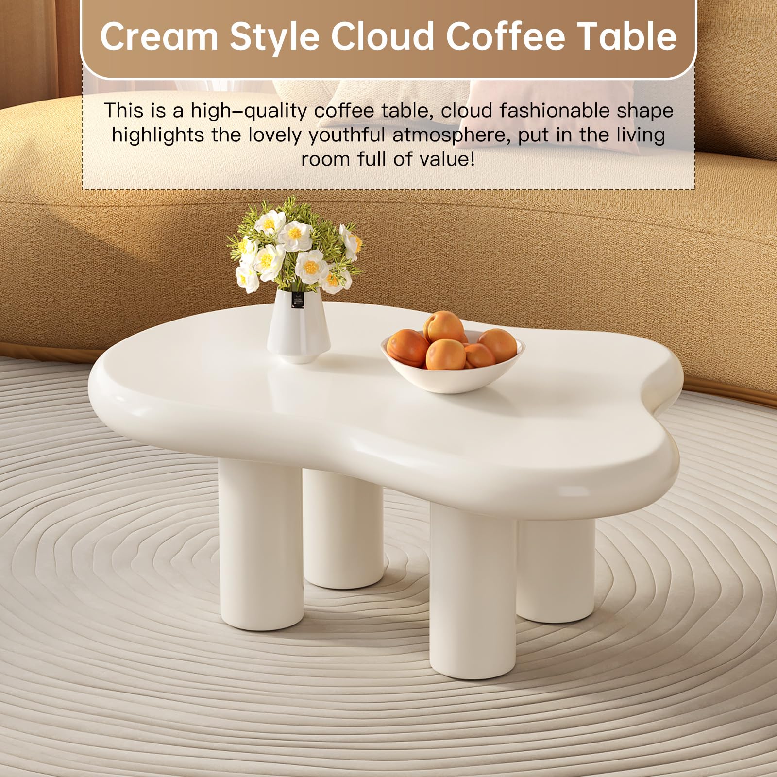 Modern White Cloud Coffee Table - Irregular Free Shape with 4 Legs, 35.82 Inch Contemporary End Table for Living Room & Lounge - Perfect for Small Spaces, Home Decor & Coffee Date Setup