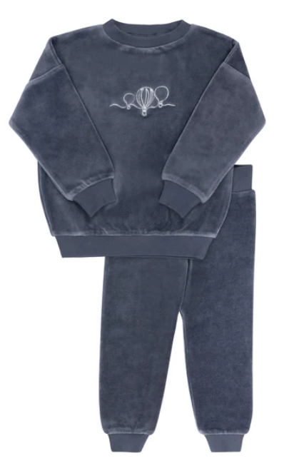 ELY & CO Velour Embroidered Hot Air Balloon Lounge Set for Kids (9 Months to 8 Years) - Soft & Cozy Pajama Outfit for Bedtime & Family Relaxation