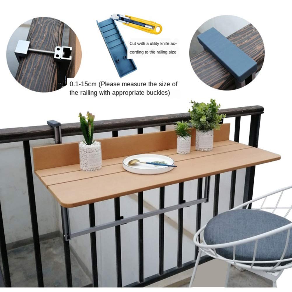 Adjustable Folding Hanging Table for Balcony Railing - 5 Height Settings, Space Saving Indoor Outdoor Side Table (120x37cm, Natural Wood) - Perfect for Patio, Garden, Deck, Coffee Break & Small Space Living