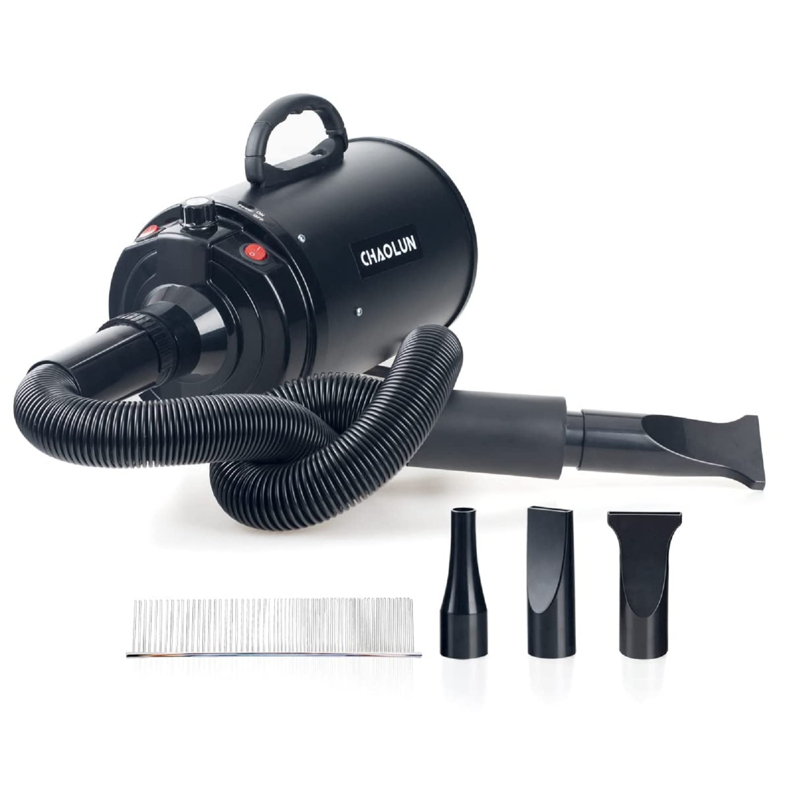 Professional High Velocity Dog Dryer with Heater - Adjustable Speed Pet Grooming Blower, 3 Nozzles & Comb for Dogs & Cats - Perfect for Home Grooming & Pet Salons (Black)