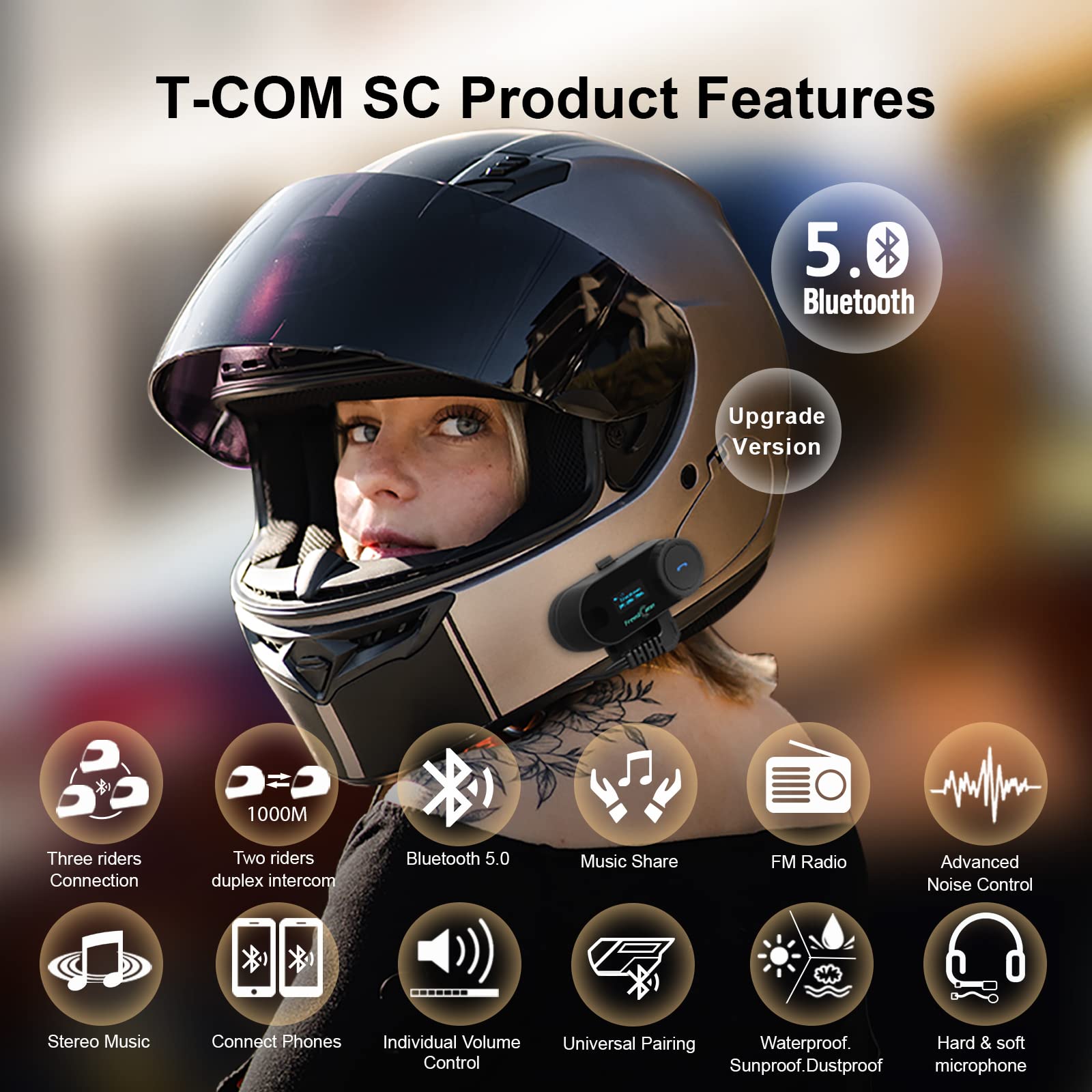FreedConn Motorcycle Bluetooth Headset - TCOM SC Helmet Intercom with LCD Display, 3-Way Rider Communication System, 800M Range, Universal Fit for All Helmets | Music Sharing, FM Radio, Hard & Soft Mic | Perfect for Group Riding, Touring & Daily Commutes
