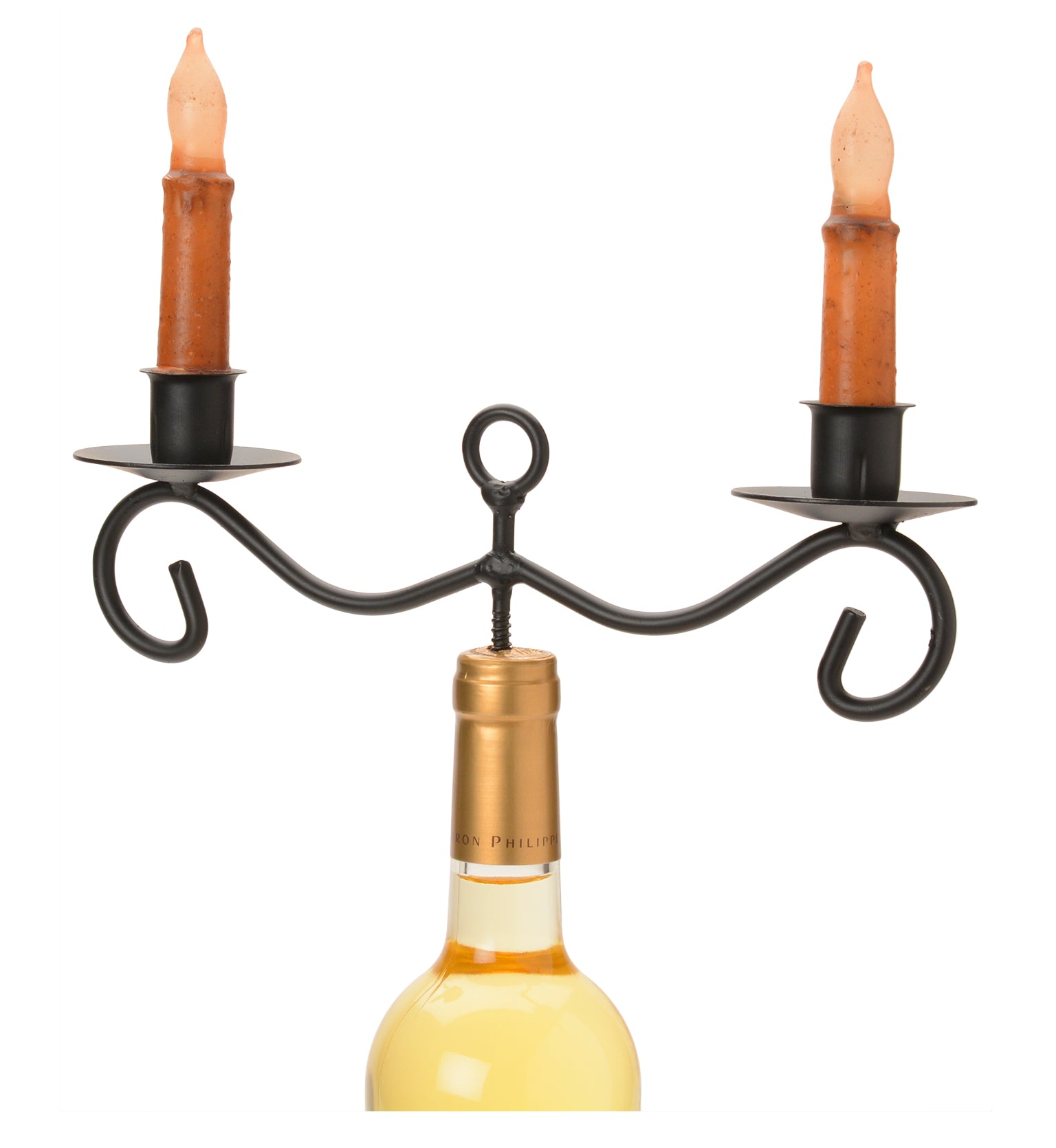 Wrought Iron Wine Bottle Topper Candlestick Holder - 2-Piece Dinner Candle Stand Set for Table Decor, Wedding Centerpiece & Home Decor - Made in USA