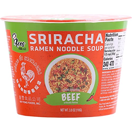 Huy Fong Sriracha Rooster Ramen Noodle Bowls - Instant Packaged Ramen Snacks in Bowl (Chicken, Beef, Original Flavors) - Quick Meal, Office Lunch, College Dorm Food, Late Night Snack