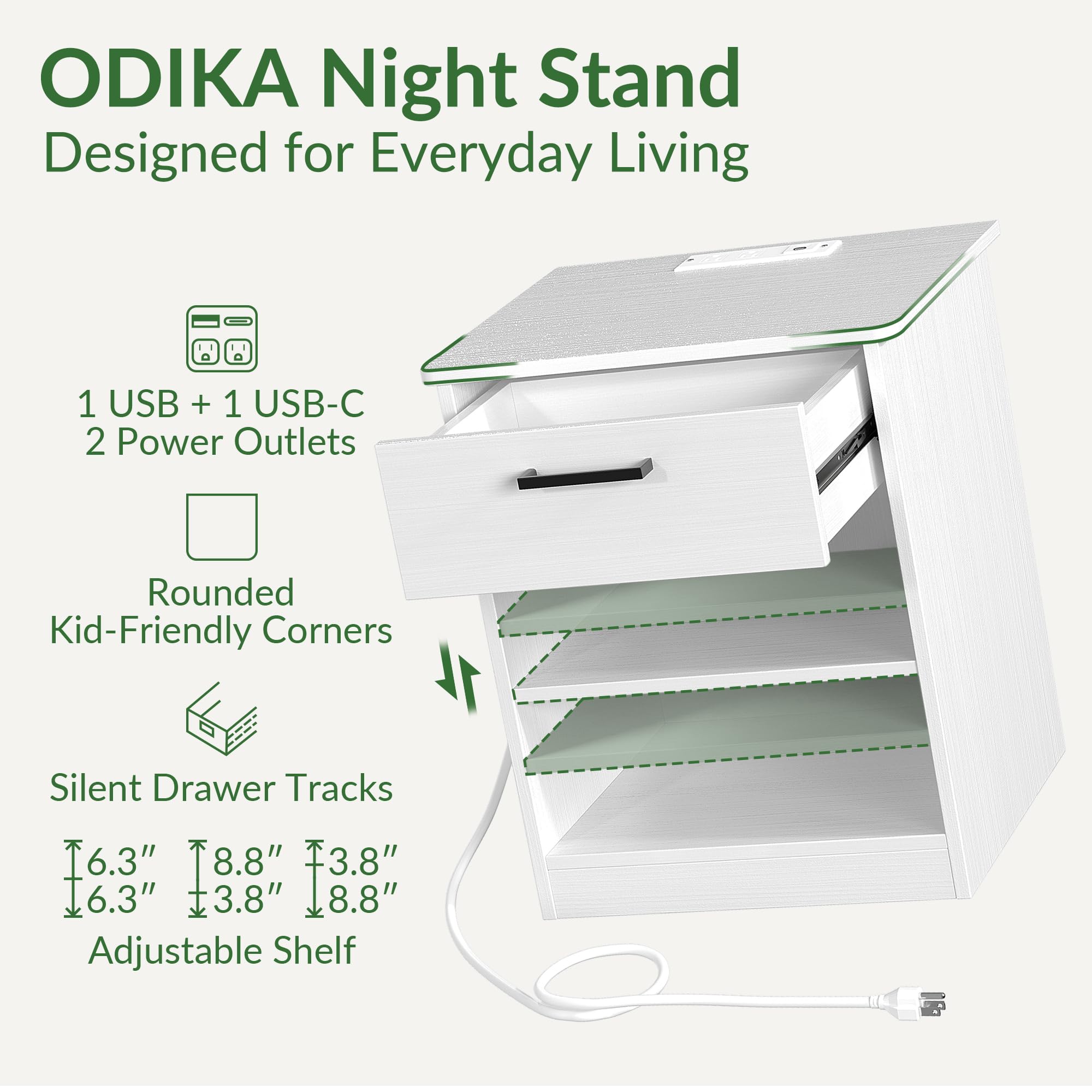 Fast Charging Wooden Side Table with USB C Port - White Nightstand with Drawer & Adjustable Shelf for Bedroom, Living Room, Office - Modern End Table for Phone Charging & Storage (Set of 1)