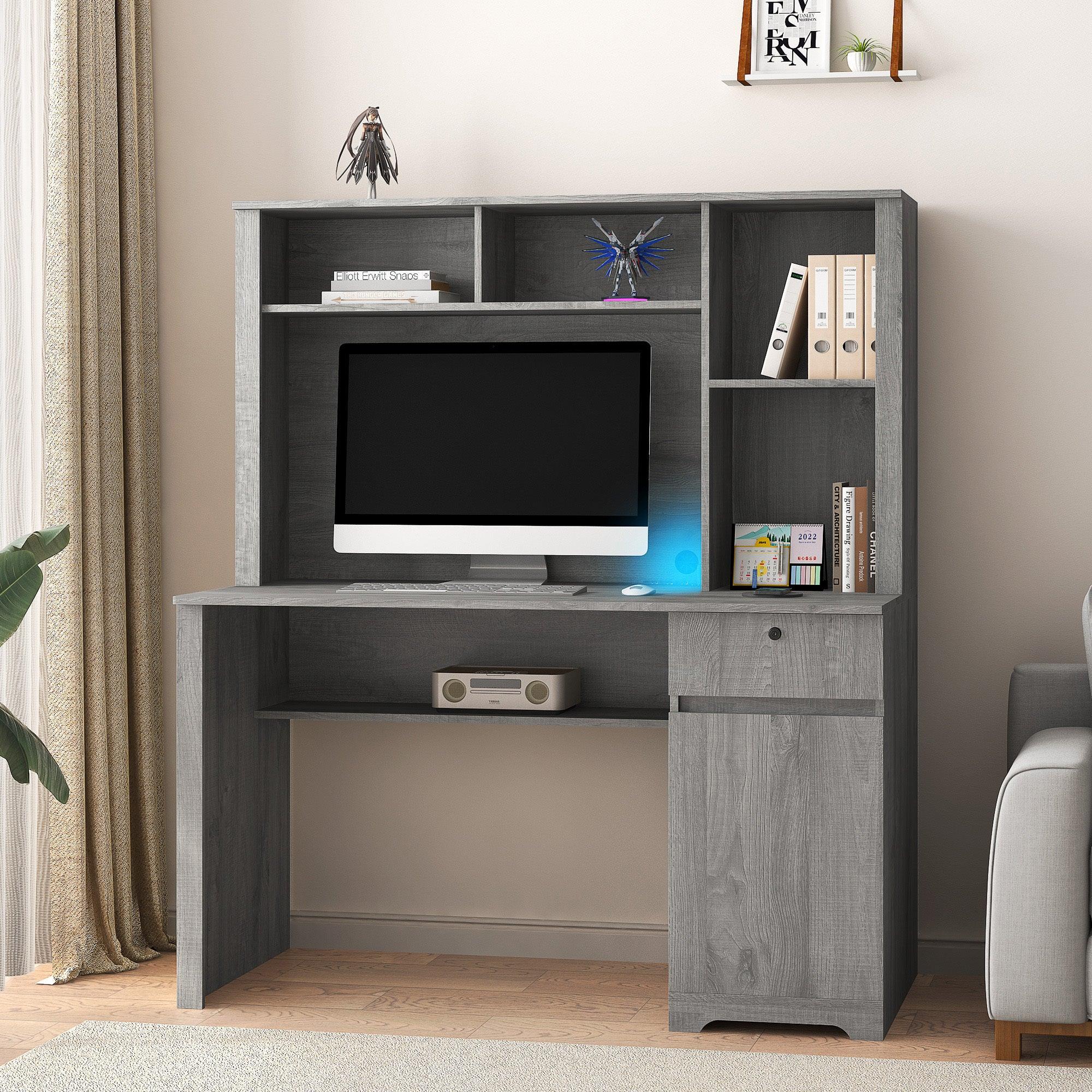 Wooden Computer Desk with Hutch & Bookshelf - Home Office Desk with Drawers, 3 AC Outlets & 2 USB Ports - Study & Writing Desk for Teens, Students & Professionals - Perfect for Small Spaces, Dorm Rooms & Home Offices