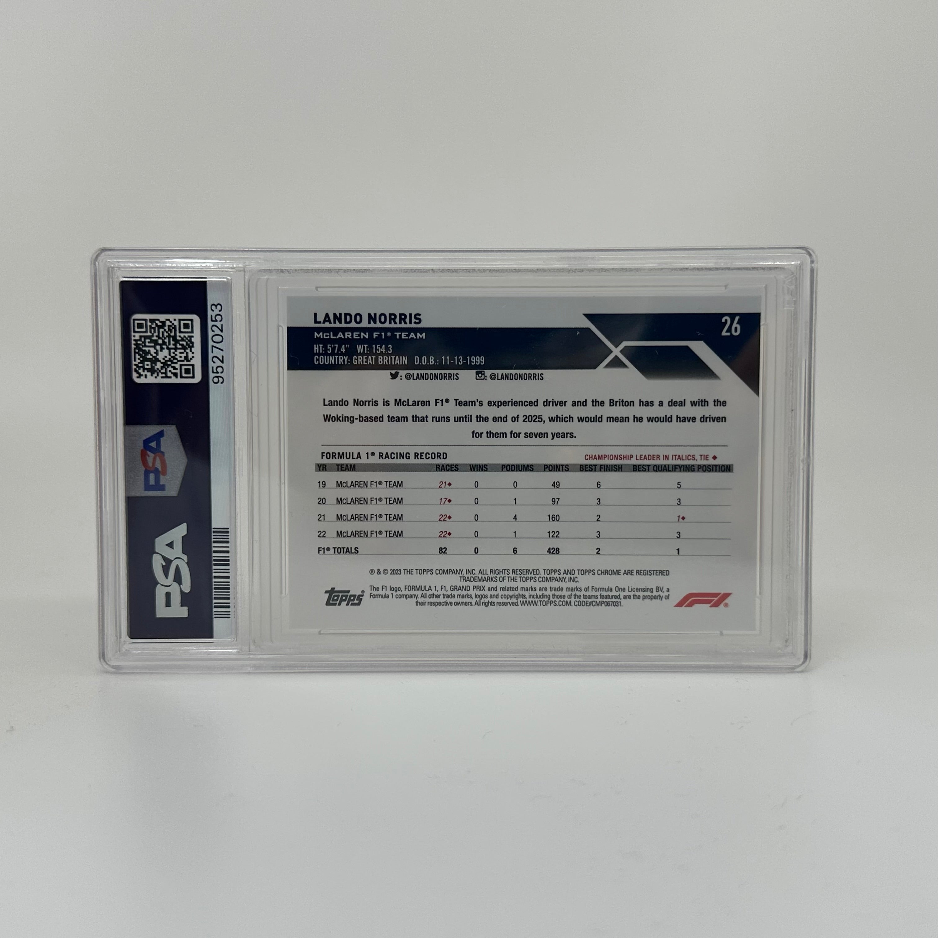 2023 Topps Chrome Sapphire PSA 10 Lando Norris #26 Red F1 Racing Card - Perfect for Collectors, Fans & Sports Memorabilia Displays