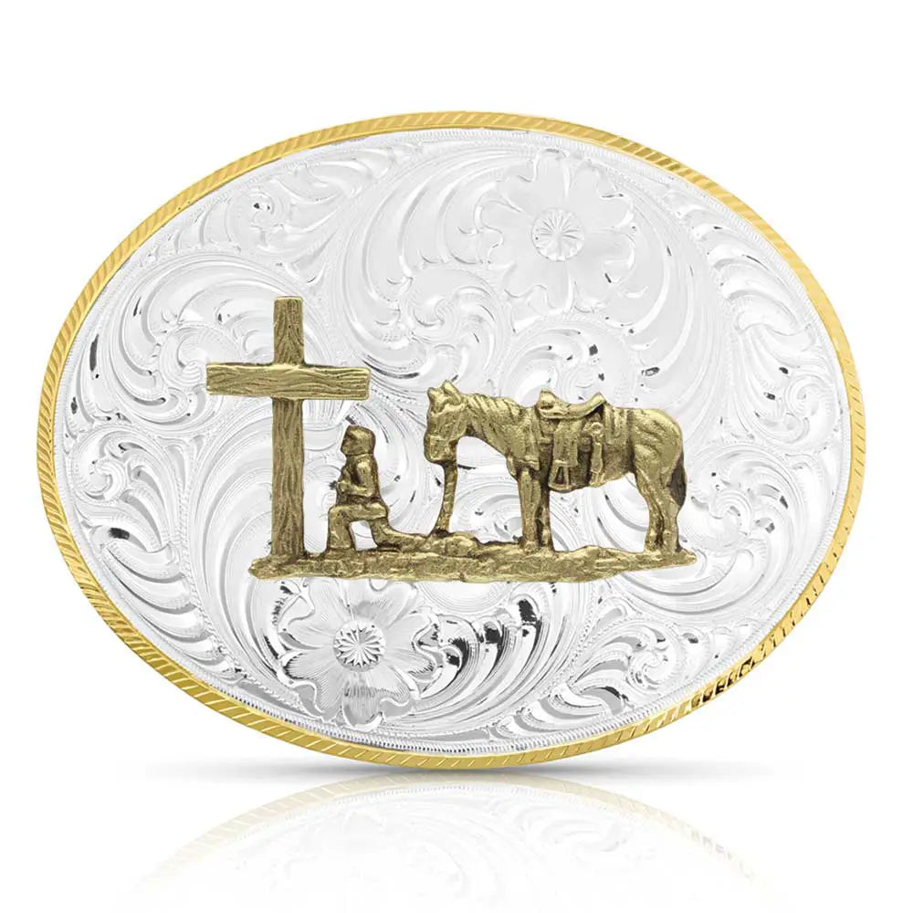 Christian Cowboy Engraved Two-Tone Buckle for Petite Belts - Perfect for Western Outfits & Cowboy Boots